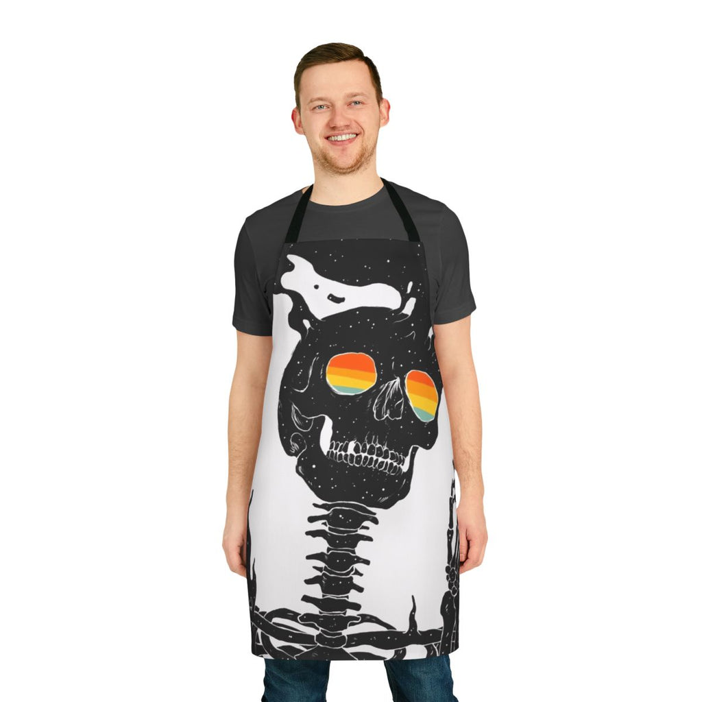 Surreal apron featuring a skeleton design against a backdrop of stars, moon, and rainbow colors