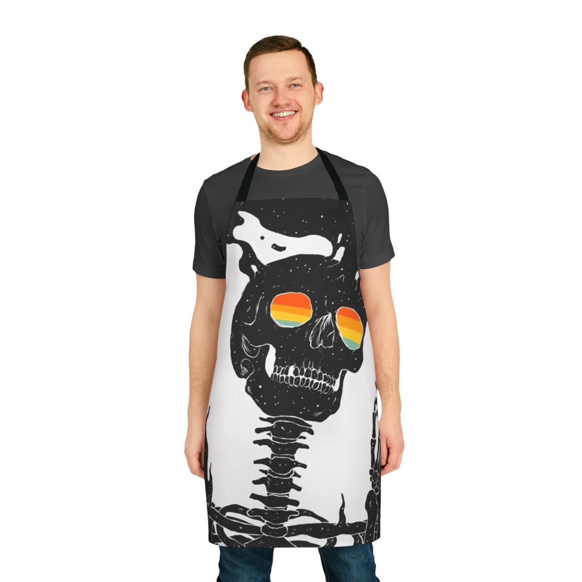 Surreal apron featuring a skeleton design against a backdrop of stars, moon, and rainbow colors