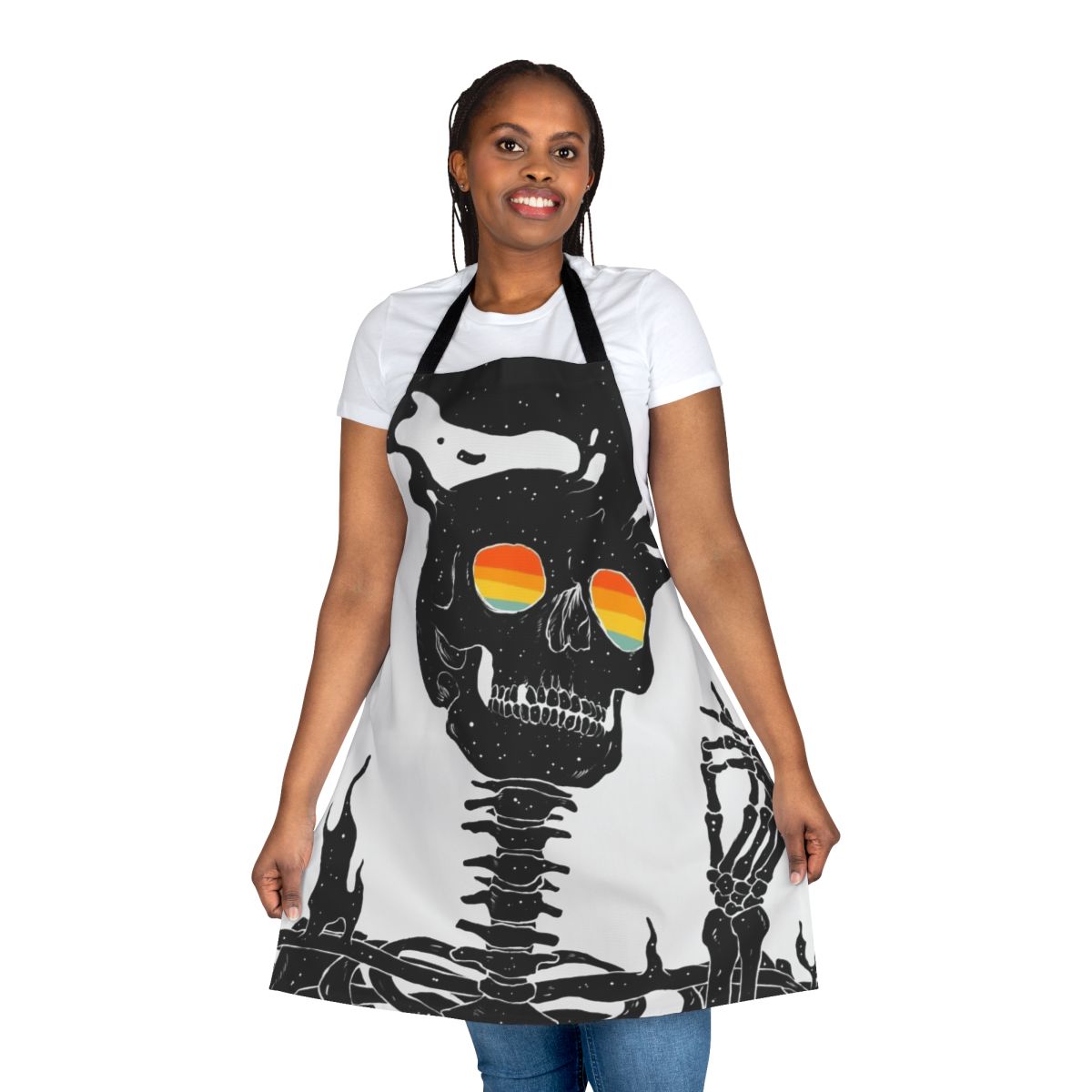 Surreal apron featuring a skeleton design against a backdrop of stars, moon, and rainbow colors