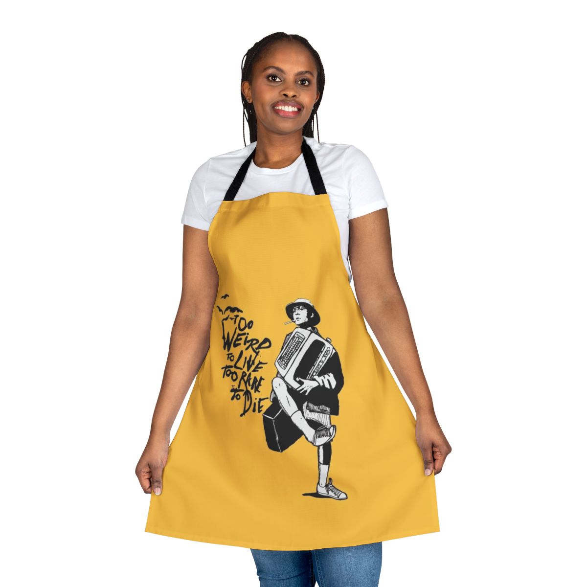 "Surreal 'Fear and Loathing in Las Vegas' inspired apron with psychedelic visuals and references to the cult classic film"