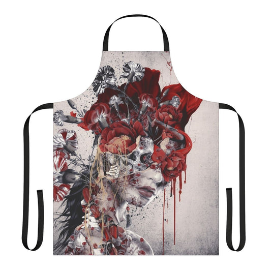Surreal floral apron design with gothic skull, snake, and flowers