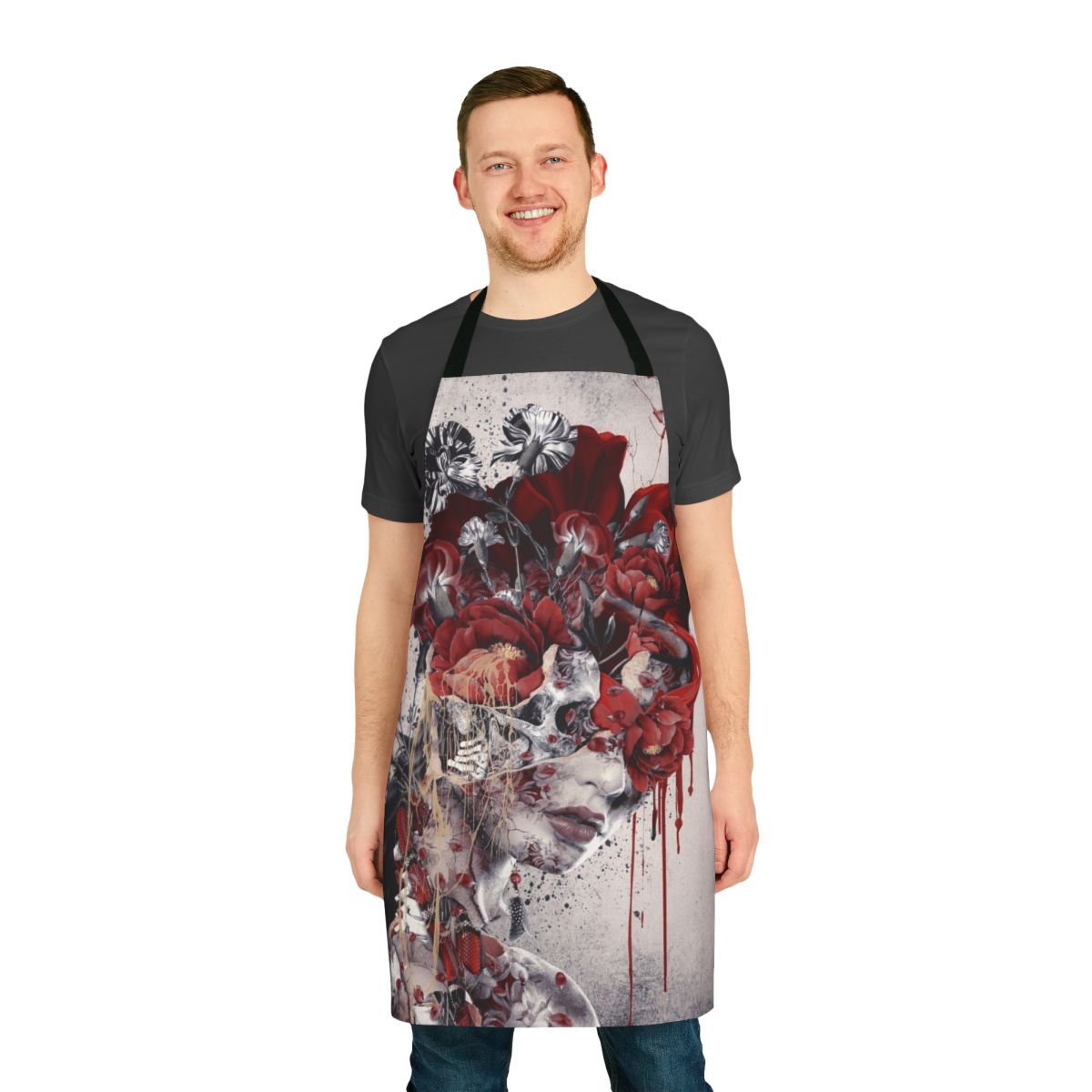 Surreal floral apron design with gothic skull, snake, and flowers