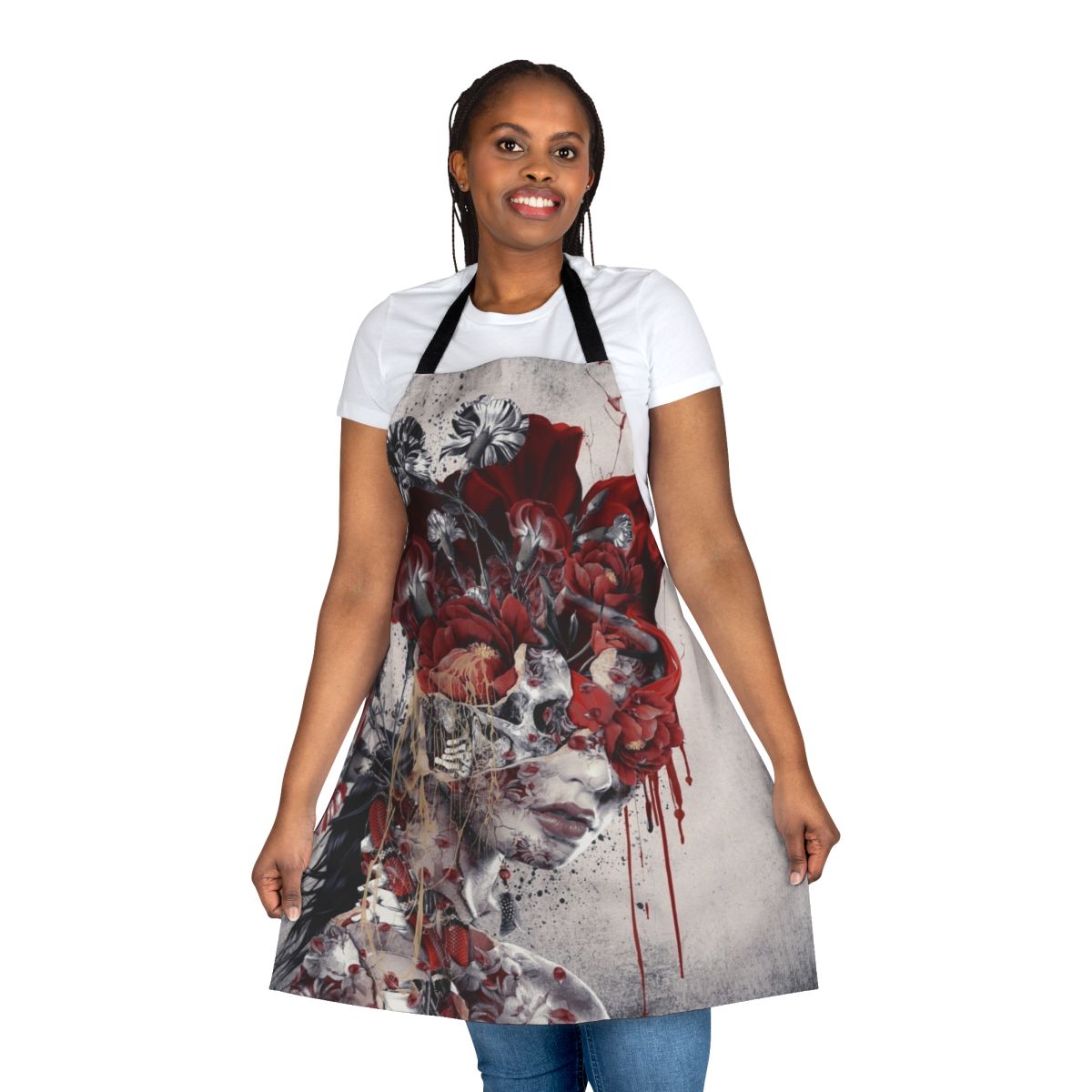 Surreal floral apron design with gothic skull, snake, and flowers