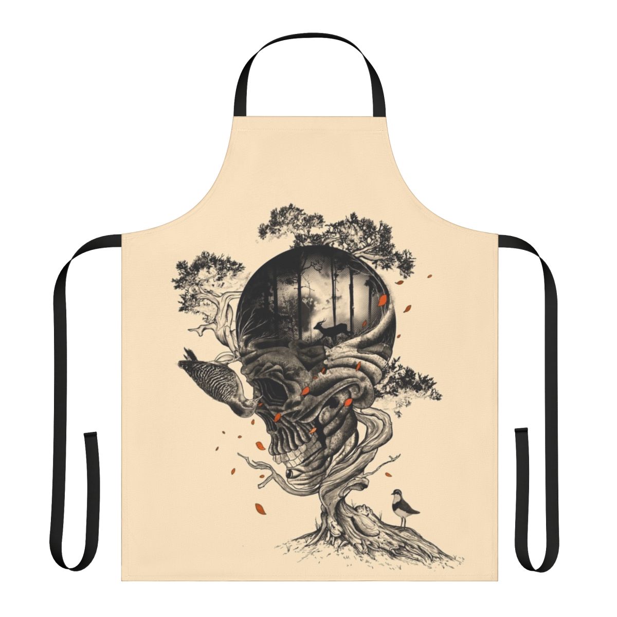 Surreal forest nature apron with skull, deer, bird, flora, leaves, roots, branches, and graphic abstract surrealist design.