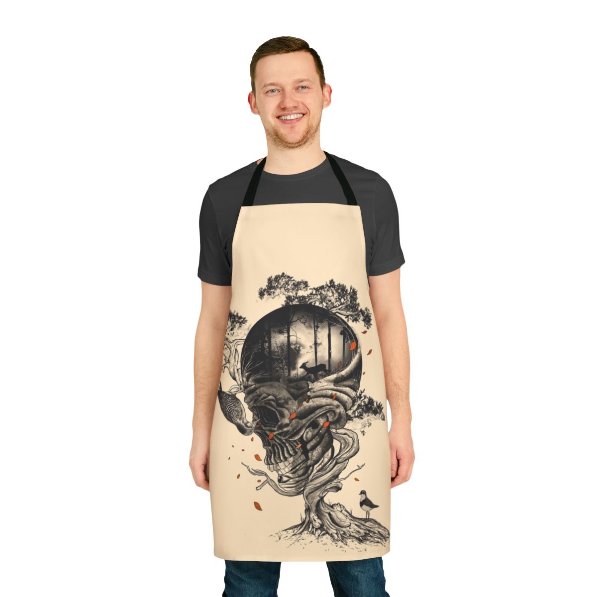 Surreal forest nature apron with skull, deer, bird, flora, leaves, roots, branches, and graphic abstract surrealist design.