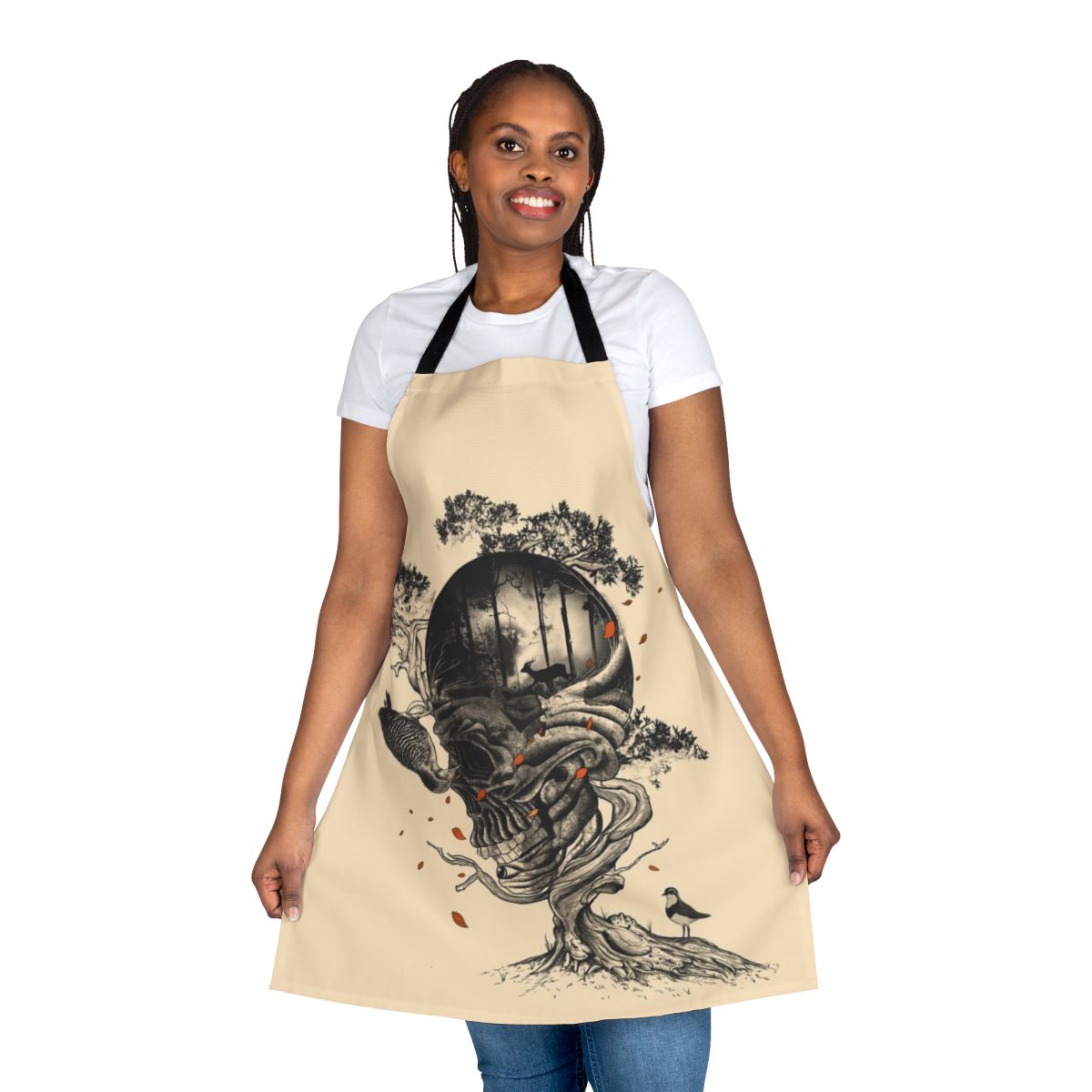 Surreal forest nature apron with skull, deer, bird, flora, leaves, roots, branches, and graphic abstract surrealist design.
