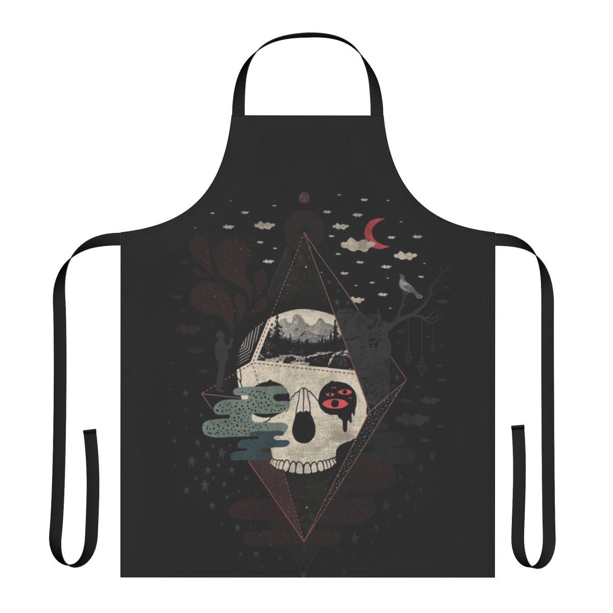 Surreal apron featuring a skull, geometric patterns, and nature elements