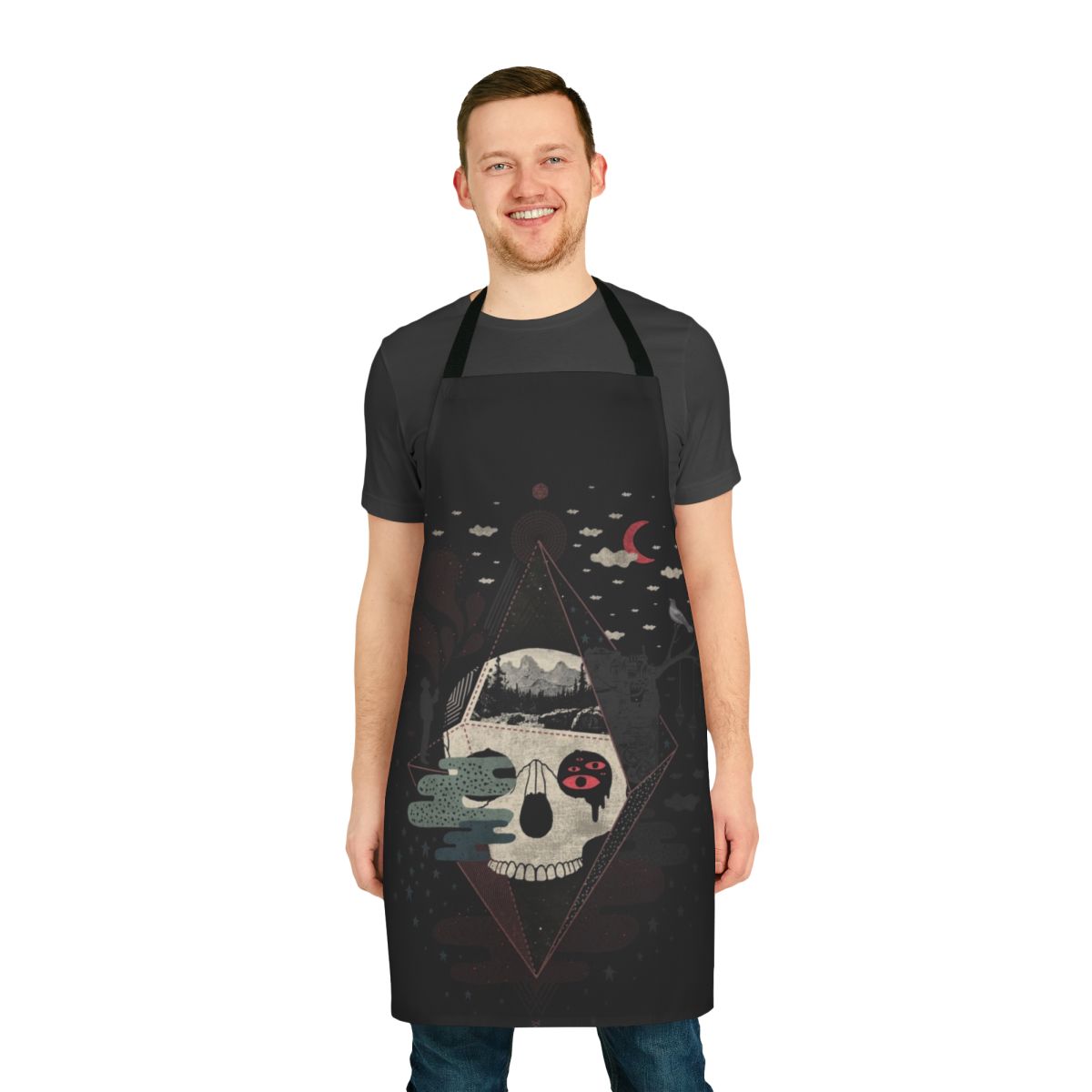Surreal apron featuring a skull, geometric patterns, and nature elements