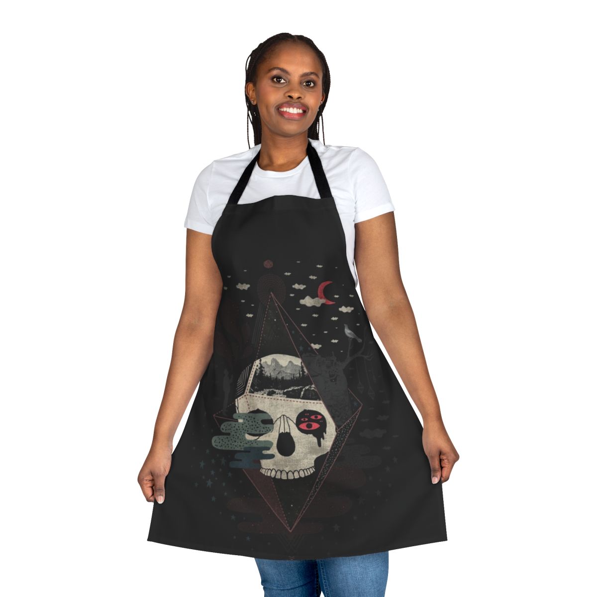 Surreal apron featuring a skull, geometric patterns, and nature elements