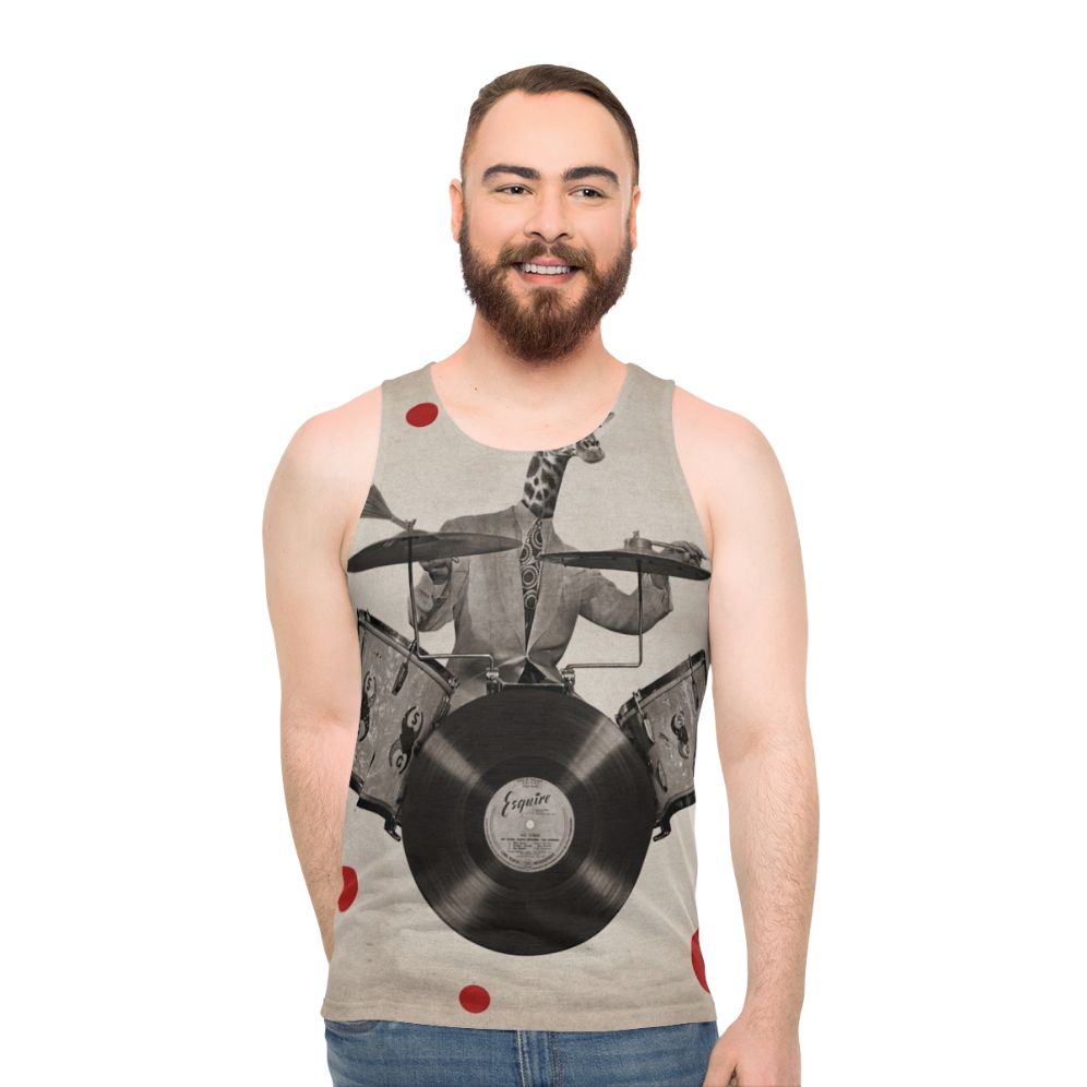 Surreal giraffe drummer anthropomorphic unisex tank top