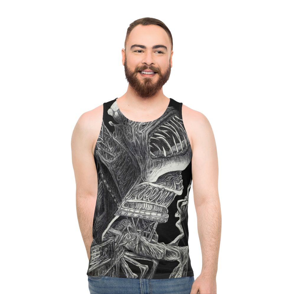 Surreal horror unisex tank top with monster graphic