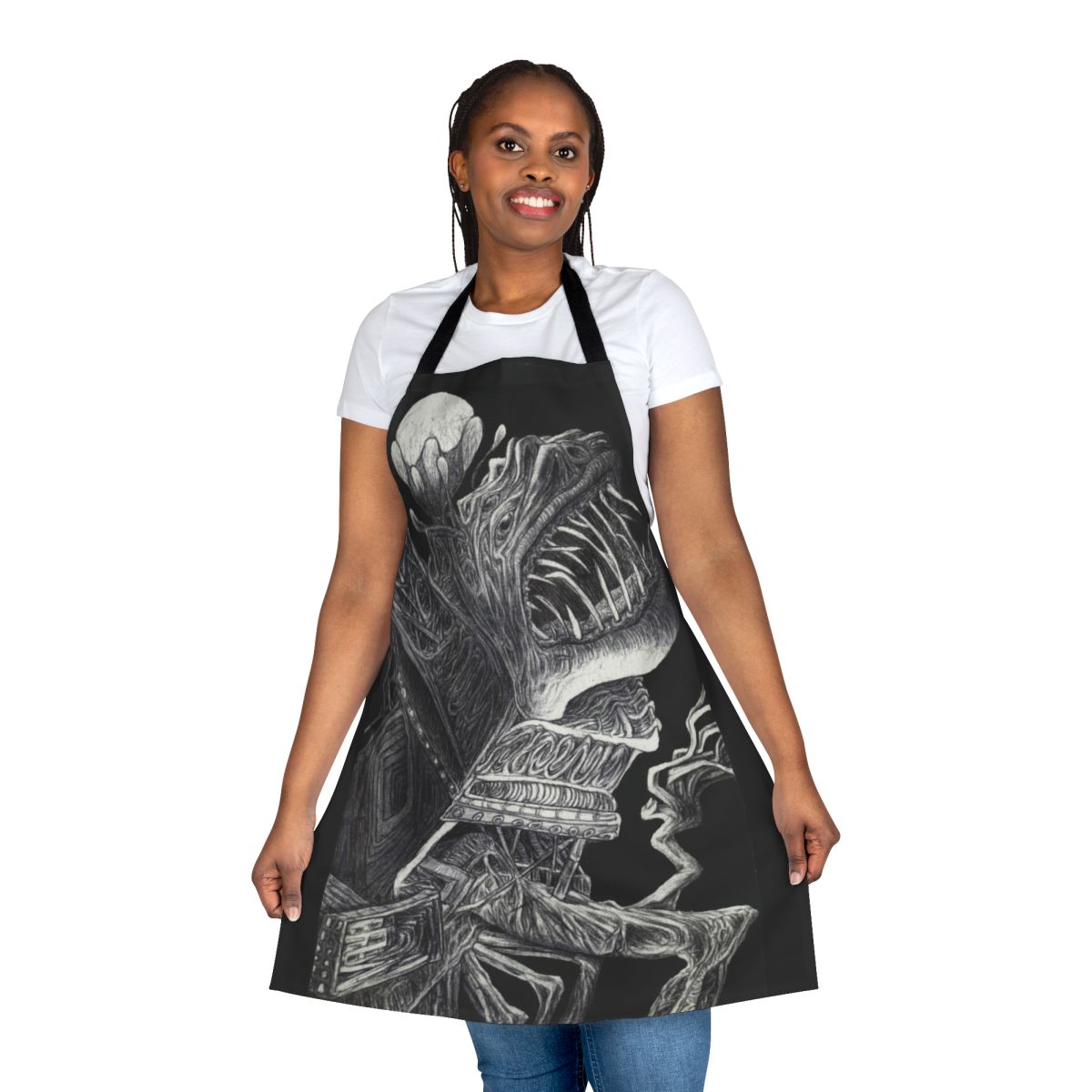 Surreal, creepy apron with a monstrous, horror-themed design