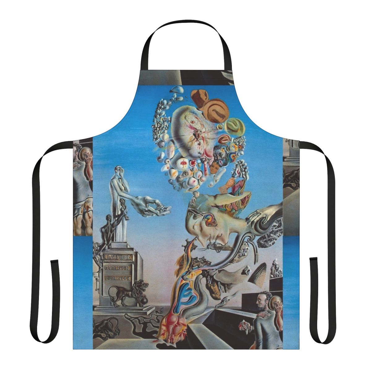 Surreal landscape apron featuring a melting clock in a desert scene, inspired by the artwork of Salvador Dali.