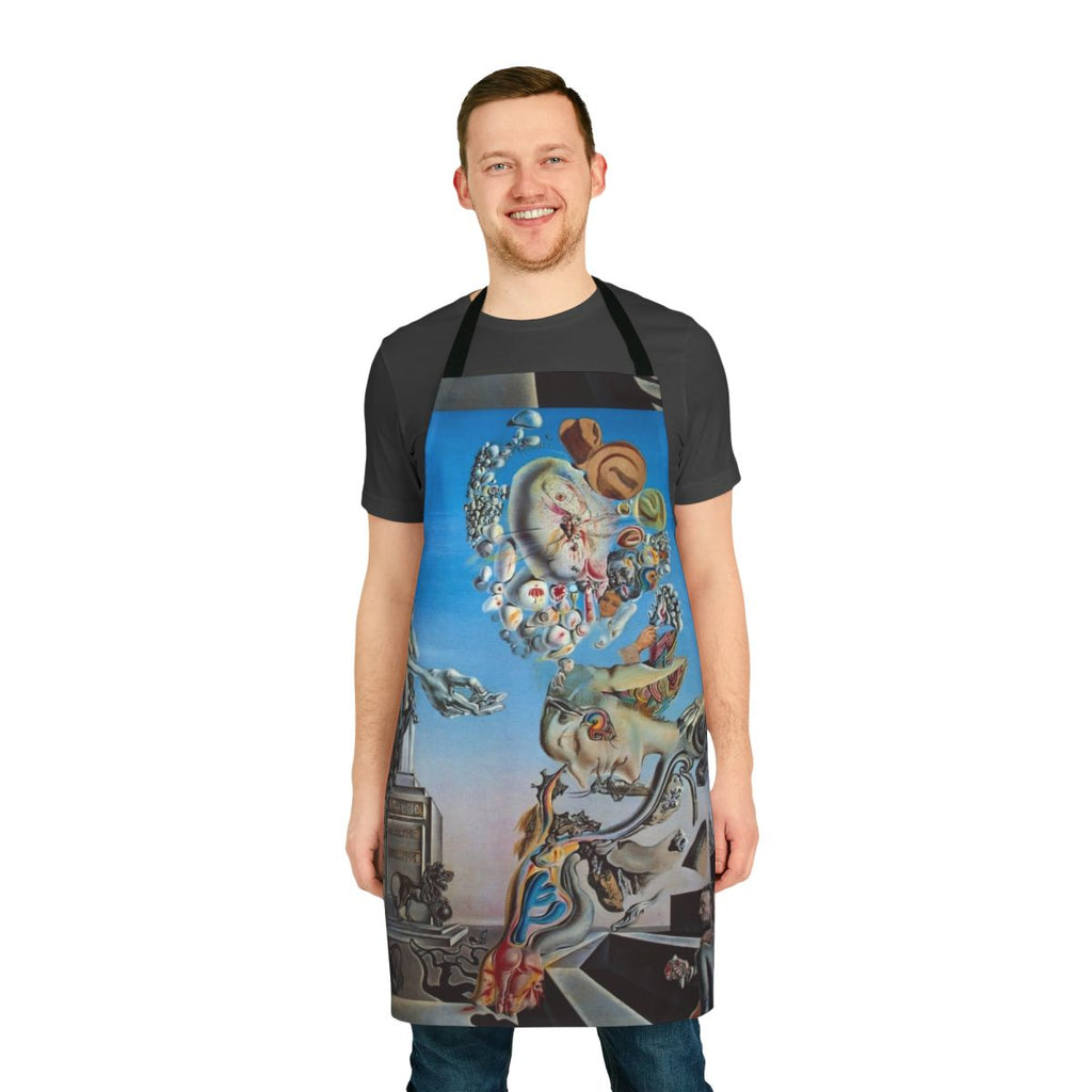 Surreal landscape apron featuring a melting clock in a desert scene, inspired by the artwork of Salvador Dali.