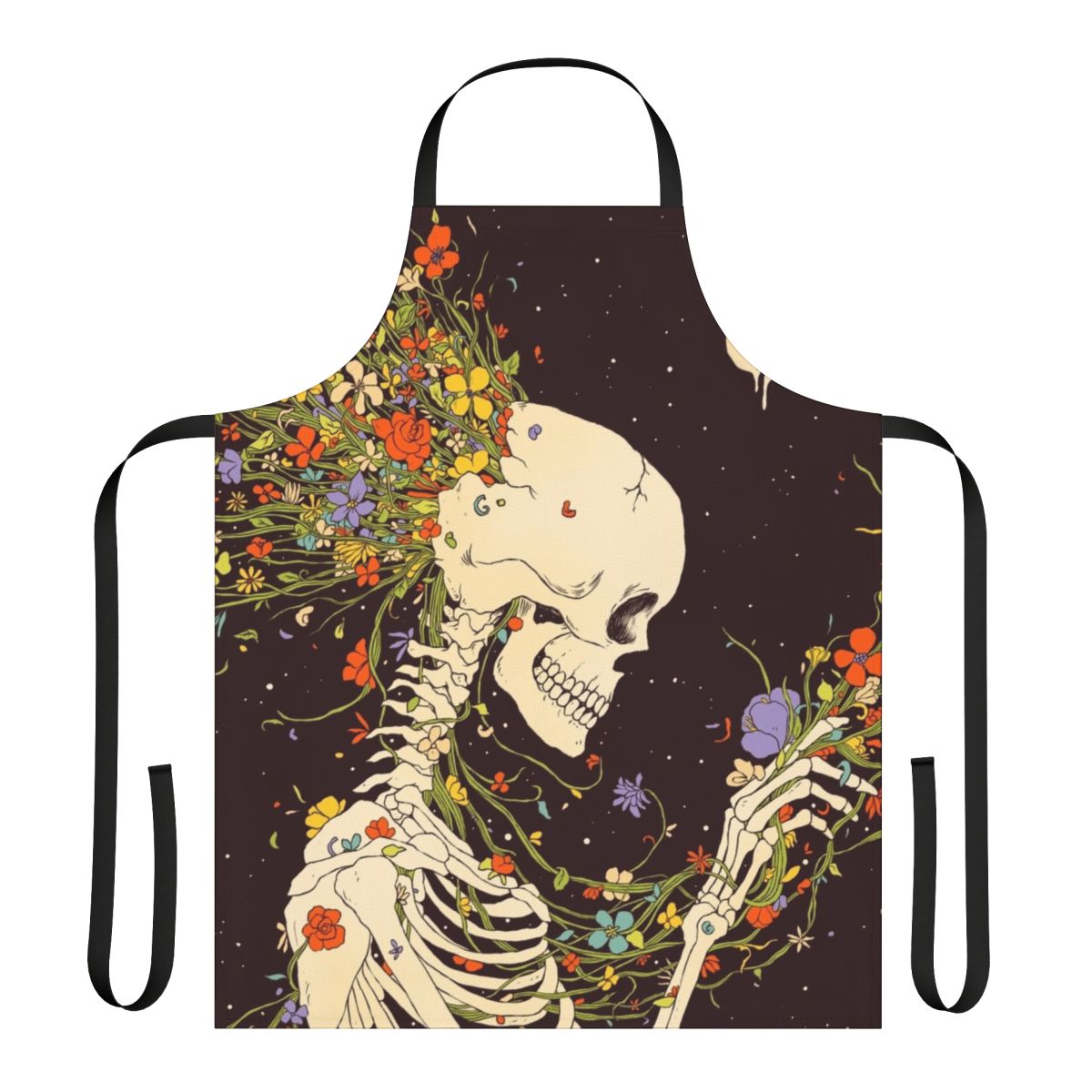 Surreal apron featuring a skull and flower design against a starry night sky background