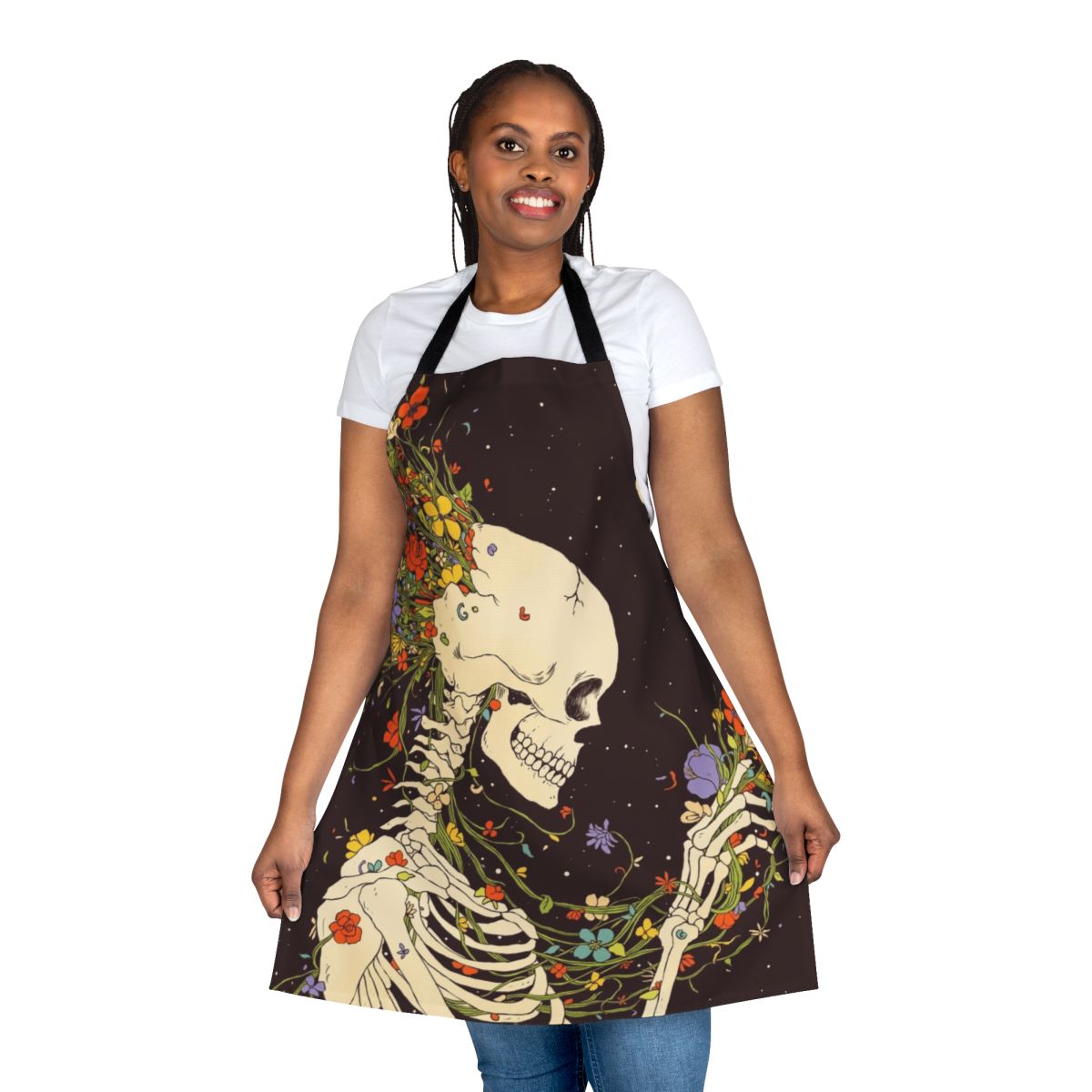 Surreal apron featuring a skull and flower design against a starry night sky background