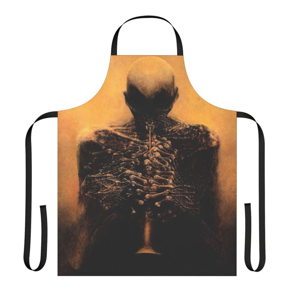 Apron featuring a surreal, dark artwork of a musician inspired by the paintings of Polish artist Zdzisław Beksiński.