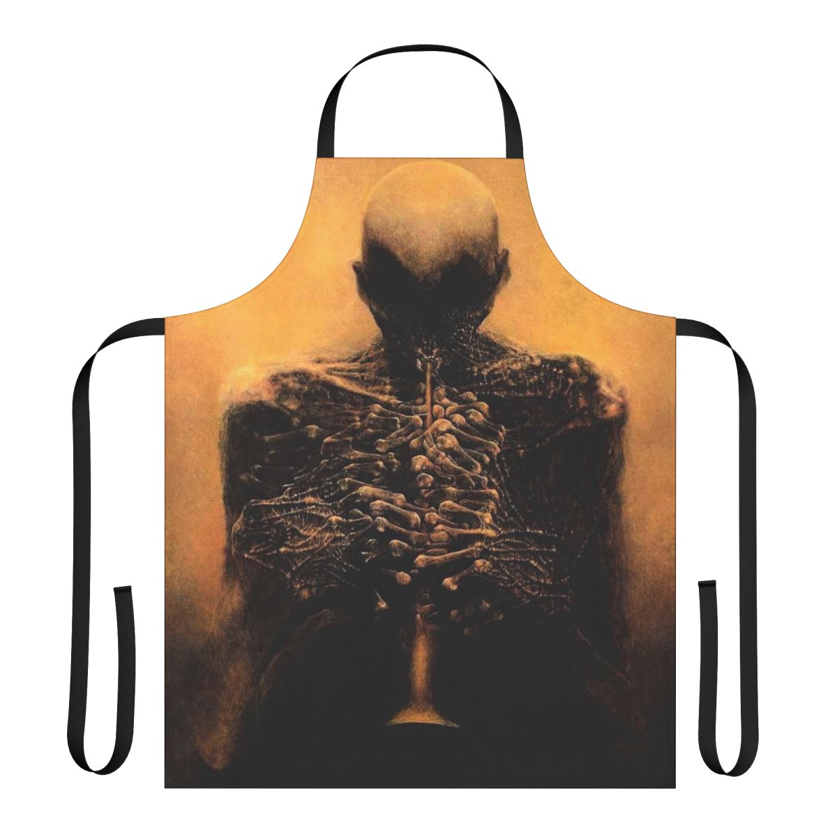Apron featuring a surreal, dark artwork of a musician inspired by the paintings of Polish artist Zdzisław Beksiński.