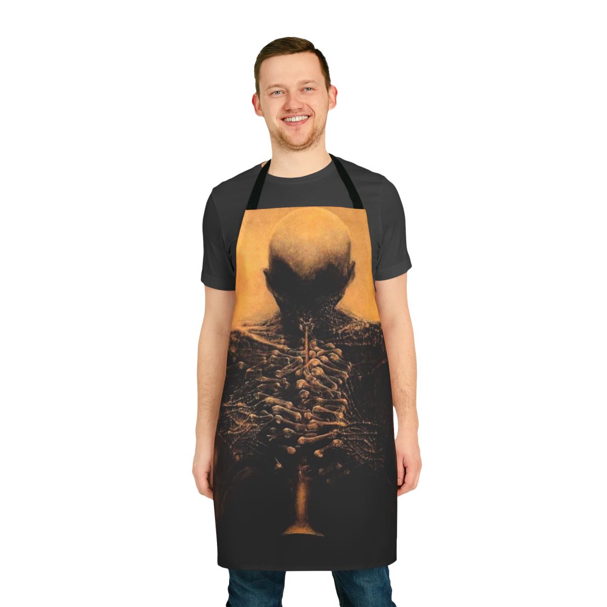Apron featuring a surreal, dark artwork of a musician inspired by the paintings of Polish artist Zdzisław Beksiński.