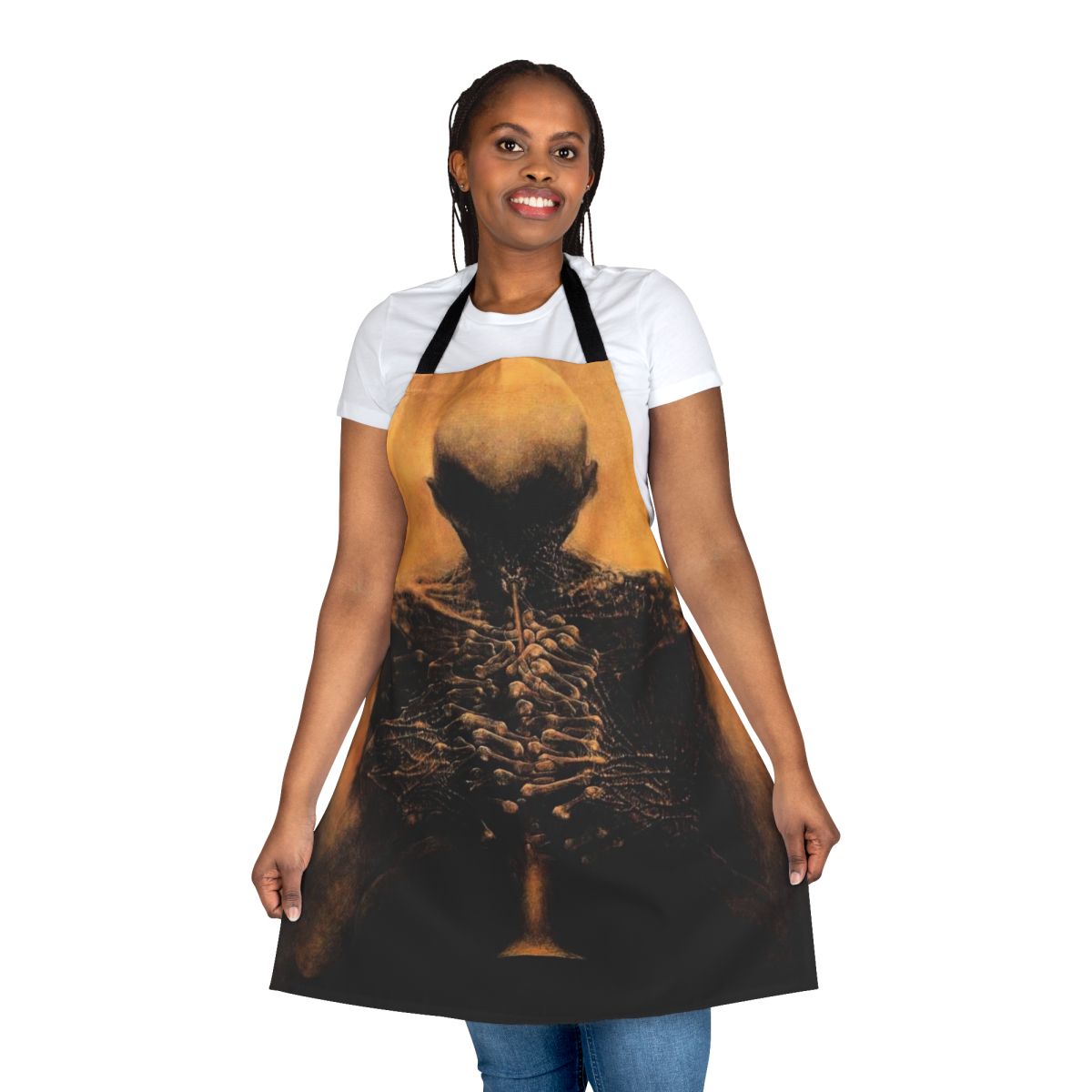 Apron featuring a surreal, dark artwork of a musician inspired by the paintings of Polish artist Zdzisław Beksiński.