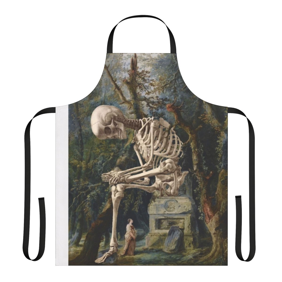 Surreal portrait digital collage art of a skull and skeleton on a kitchen apron