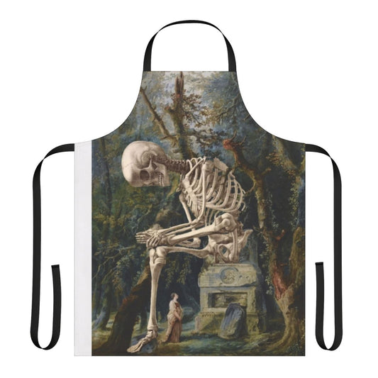 Surreal portrait digital collage art of a skull and skeleton on a kitchen apron