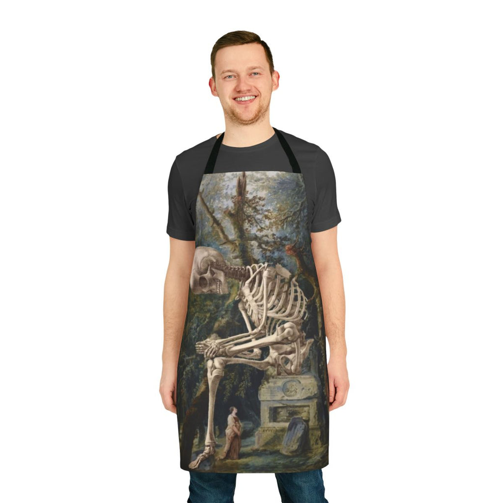 Surreal portrait digital collage art of a skull and skeleton on a kitchen apron