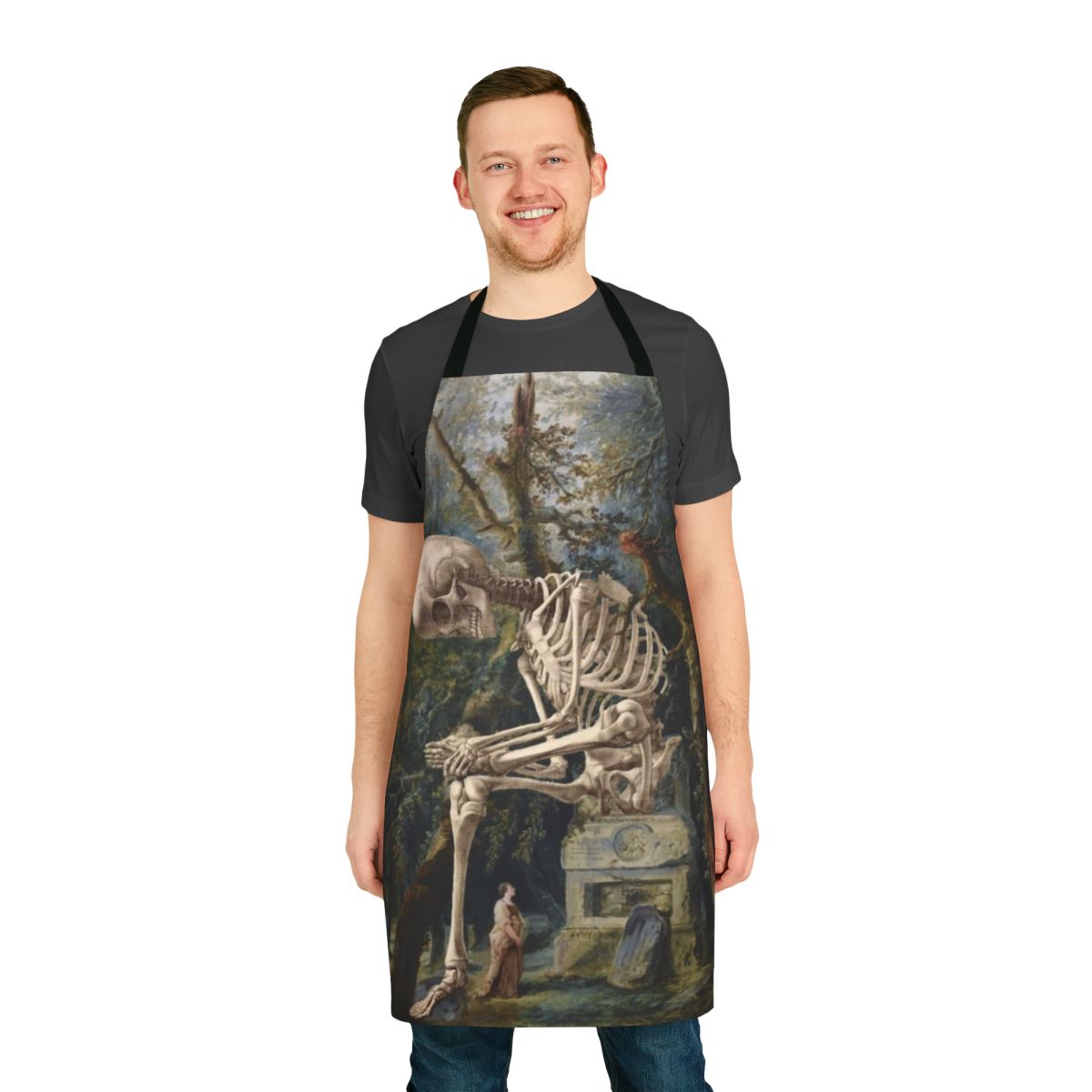 Surreal portrait digital collage art of a skull and skeleton on a kitchen apron