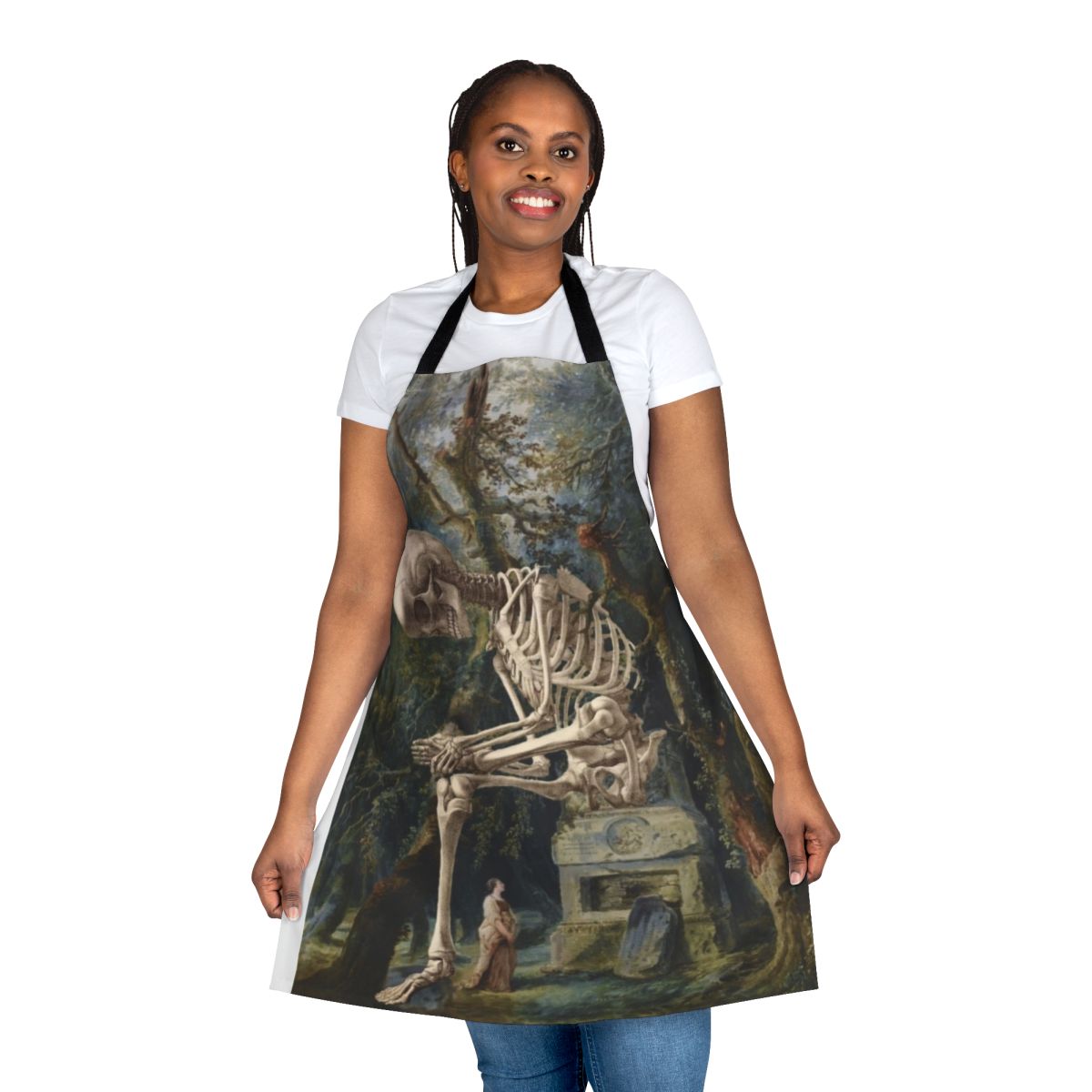 Surreal portrait digital collage art of a skull and skeleton on a kitchen apron