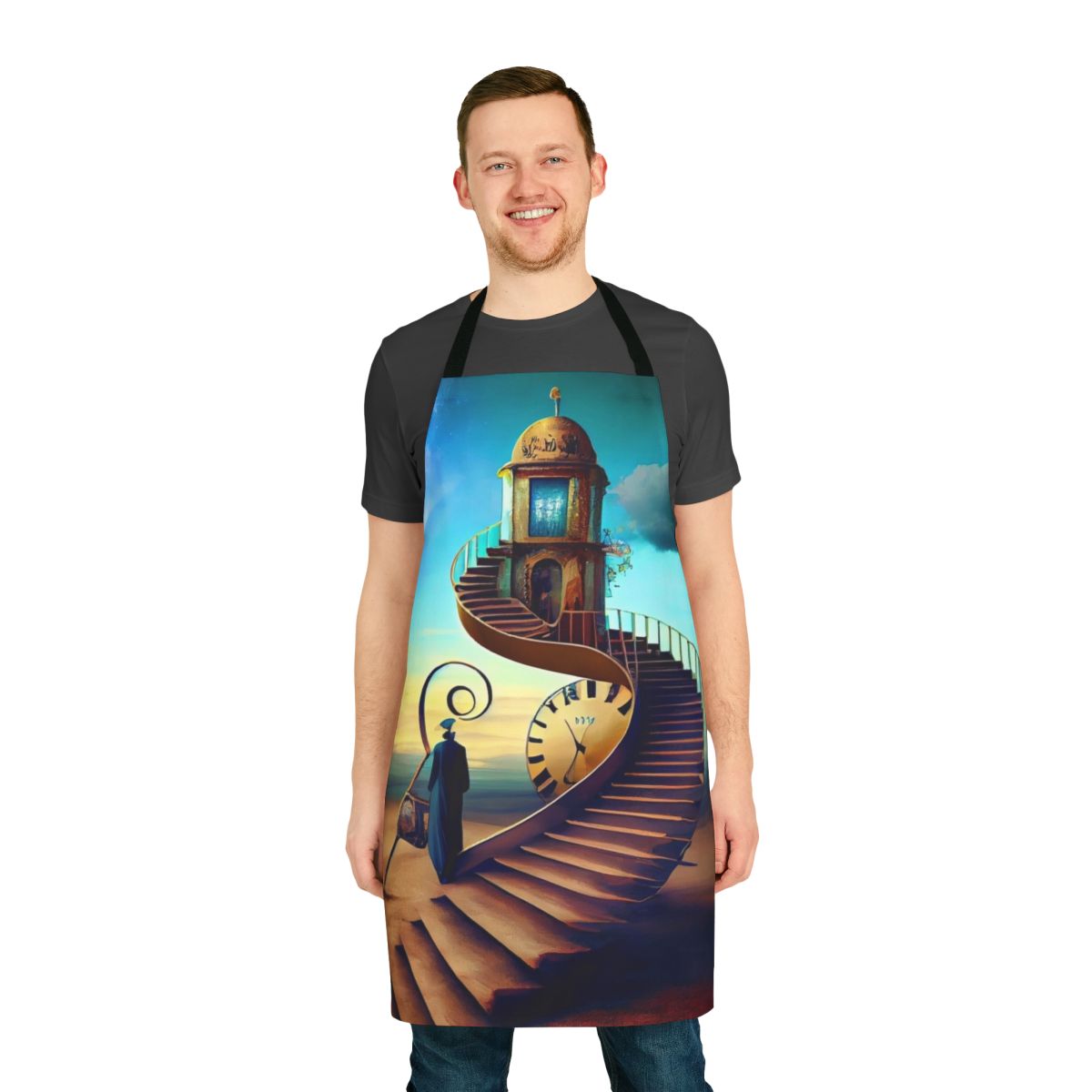 Surreal apron featuring abstract art and imagery inspired by the famous painter Salvador Dali.