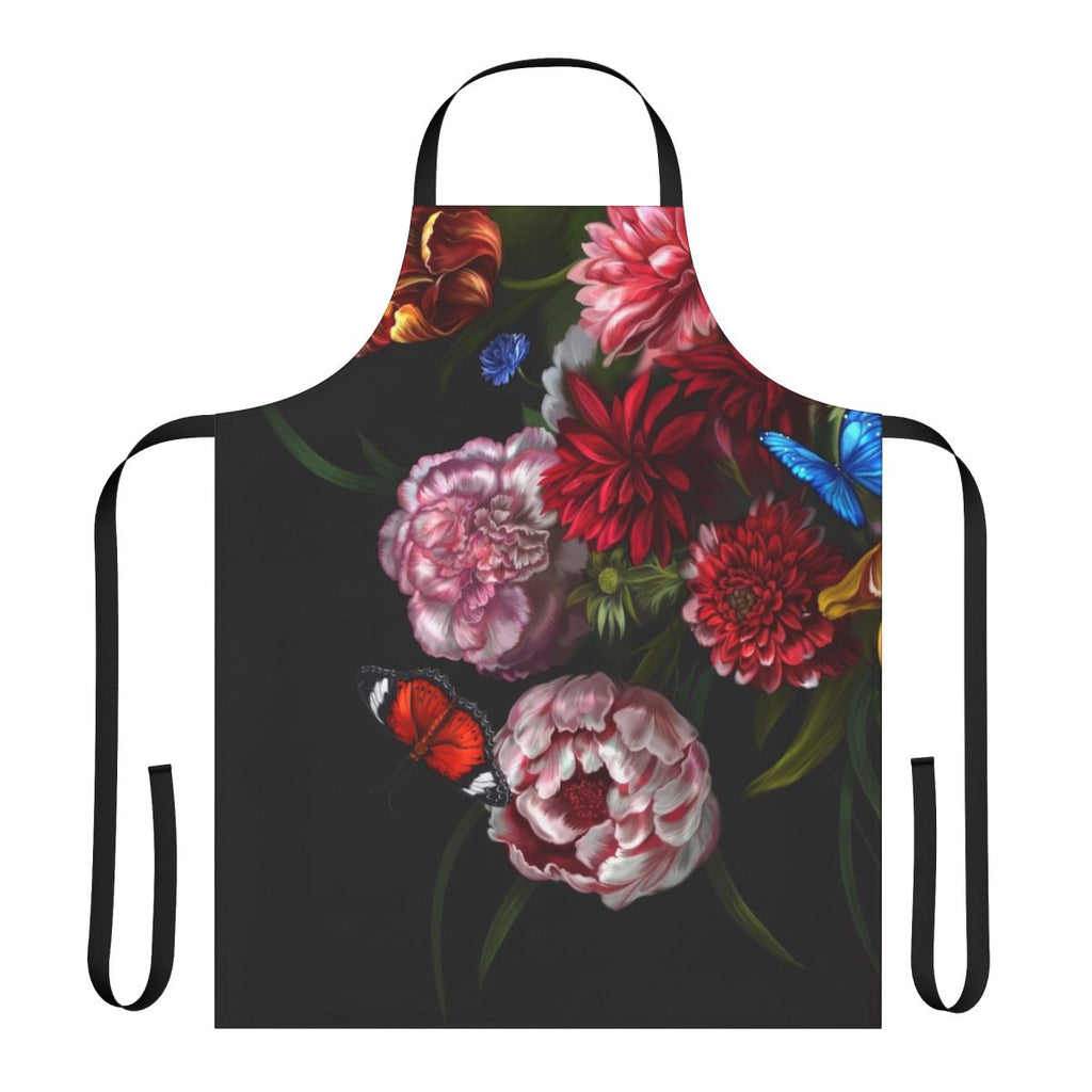 Vibrant floral apron with a glitched, reality-bending print