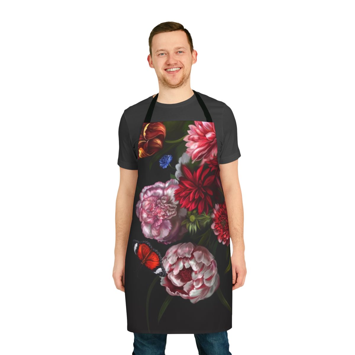 Vibrant floral apron with a glitched, reality-bending print
