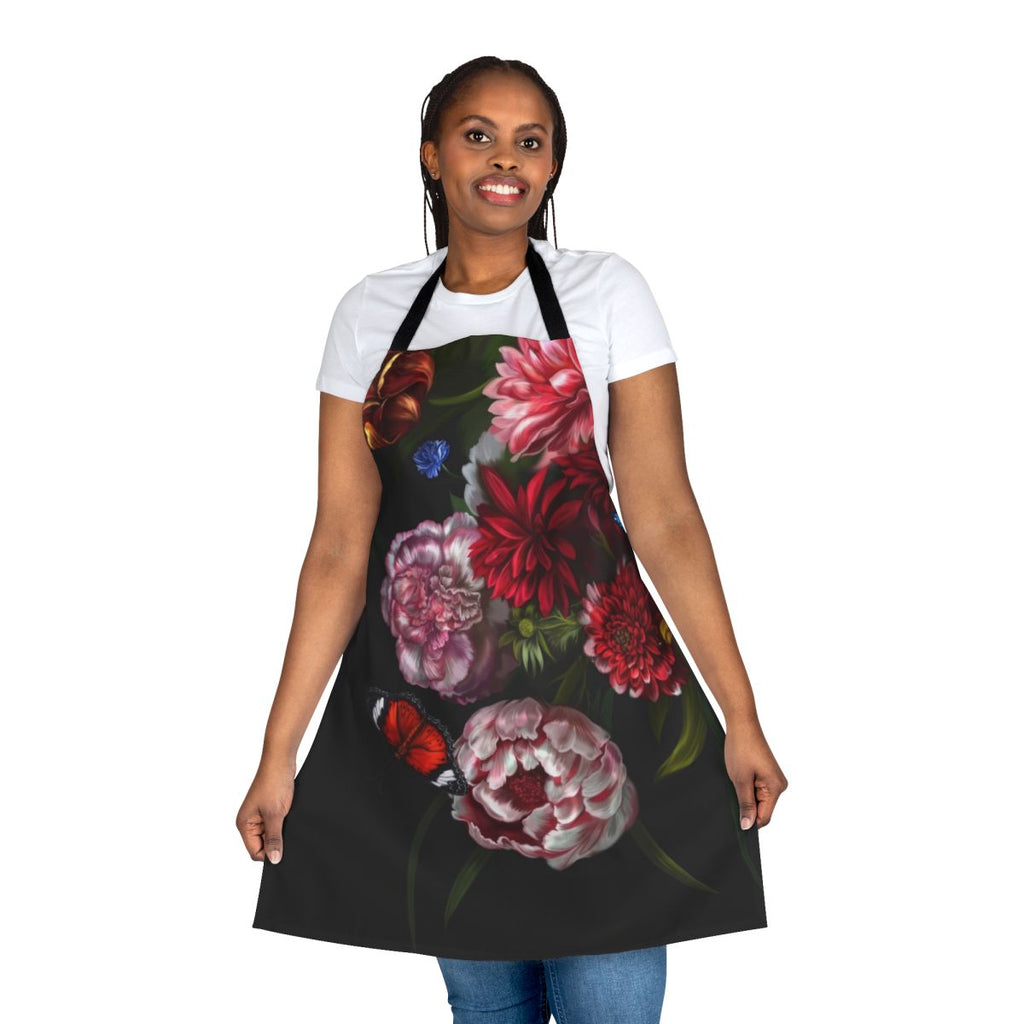 Vibrant floral apron with a glitched, reality-bending print
