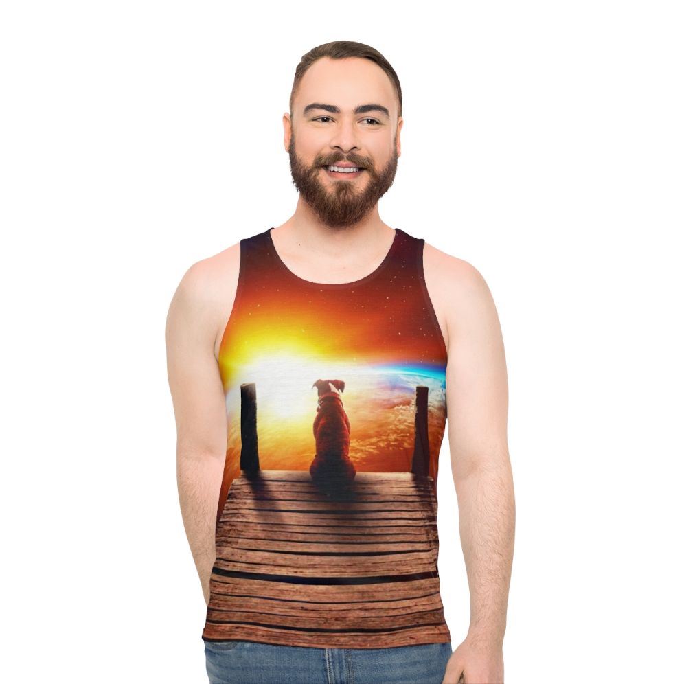 Surreal unisex tank top with digital collage of space and a dog