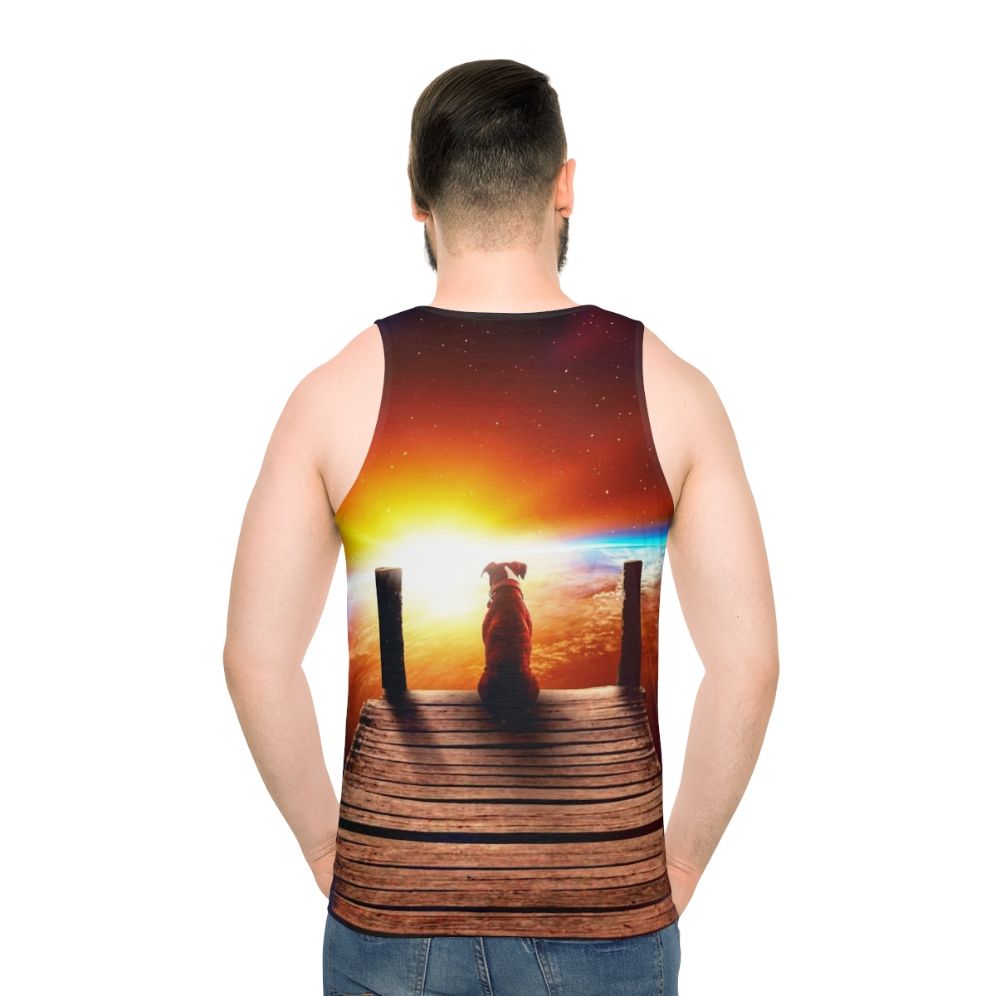 Surreal unisex tank top with digital collage of space and a dog