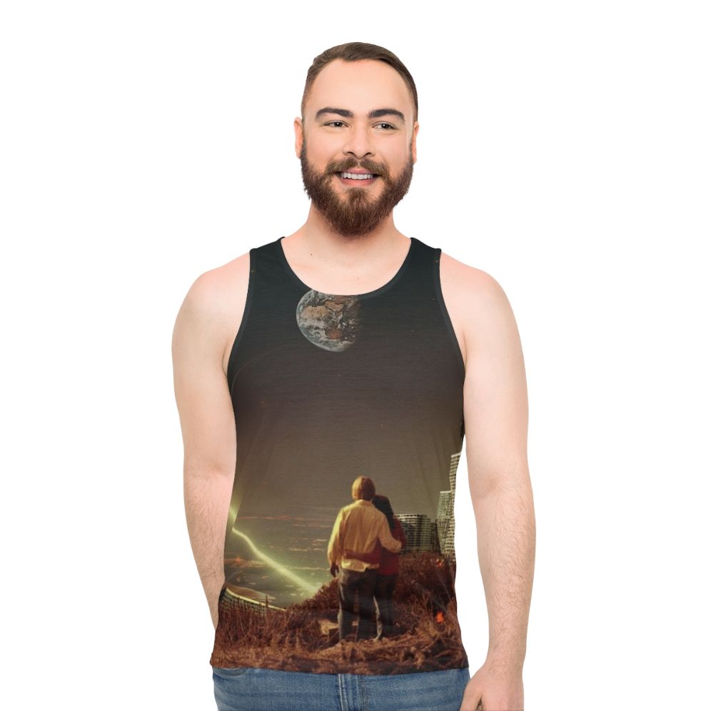 Surreal unisex tank top featuring a couple in a retro-futuristic urban landscape