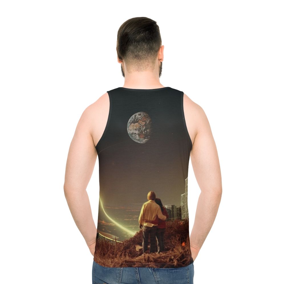 Surreal unisex tank top featuring a couple in a retro-futuristic urban landscape