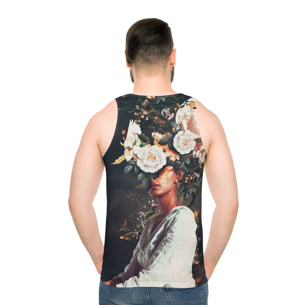 Surreal vintage-style portrait of a faceless woman with floral and botanical design elements