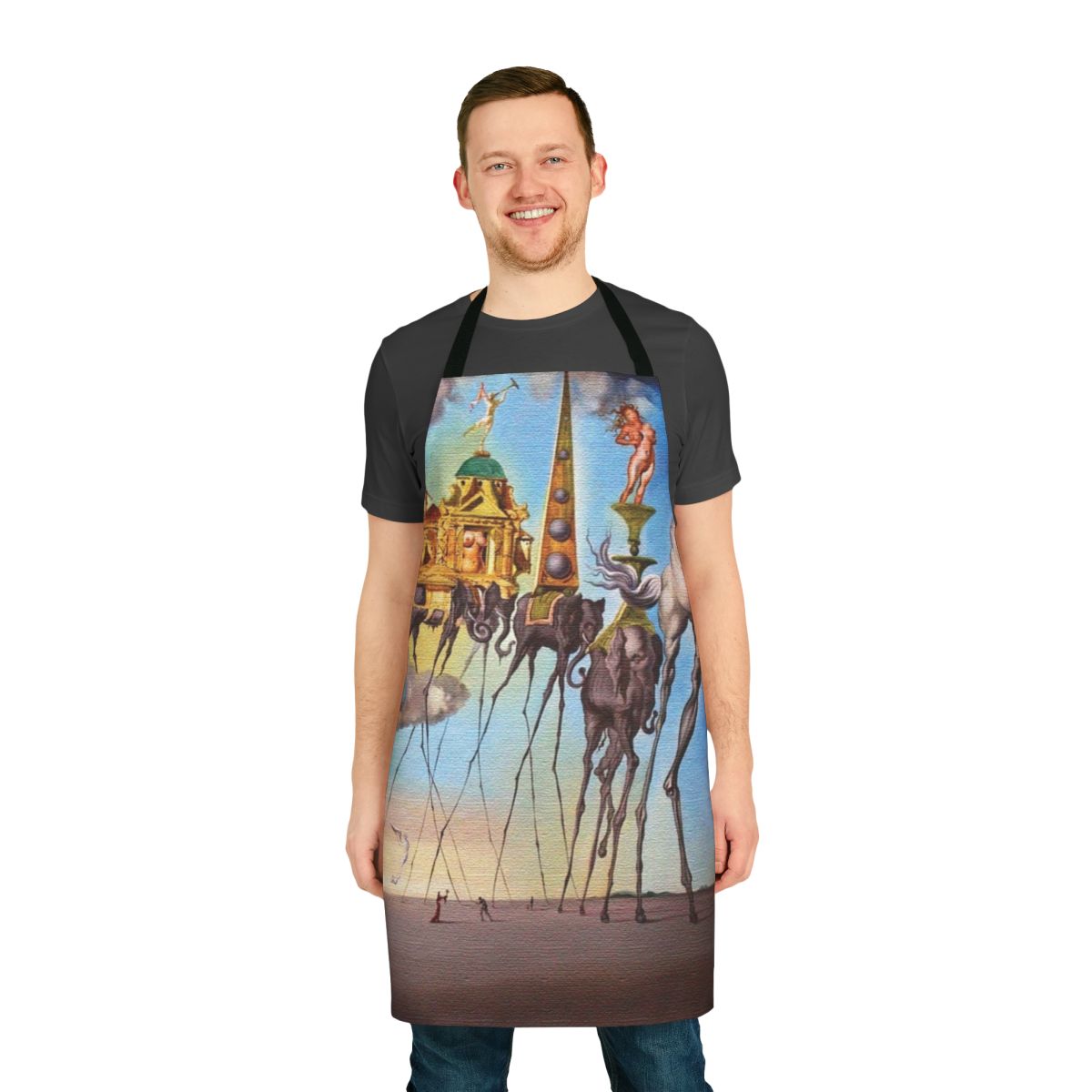 An apron featuring Salvador Dali's surrealist painting "The Temptation of St Anthony"