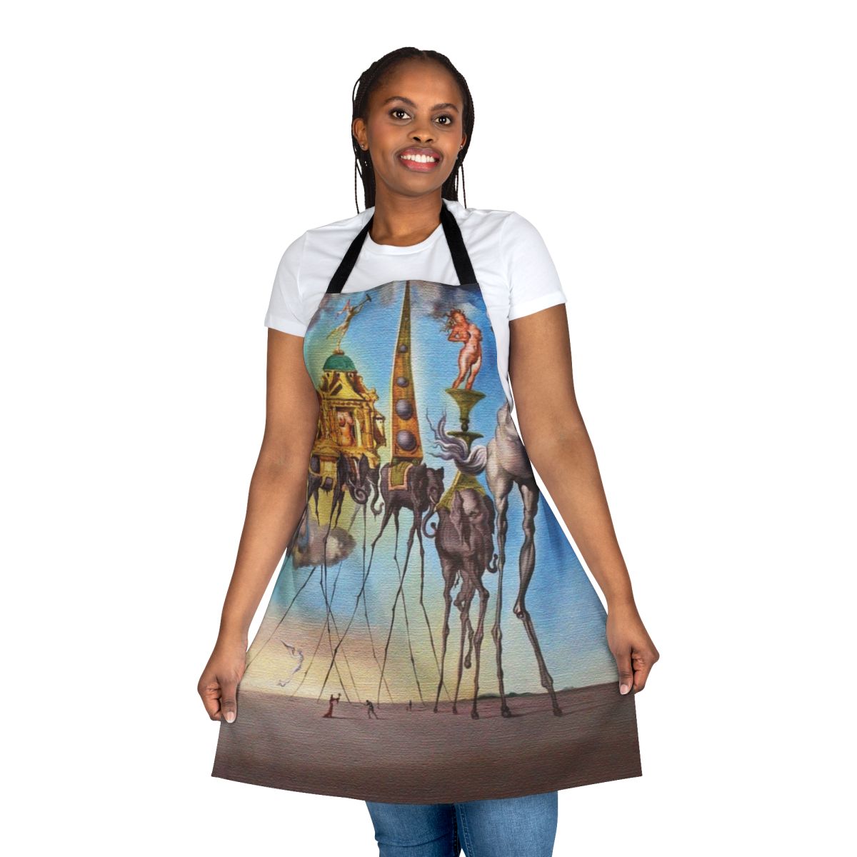 An apron featuring Salvador Dali's surrealist painting "The Temptation of St Anthony"