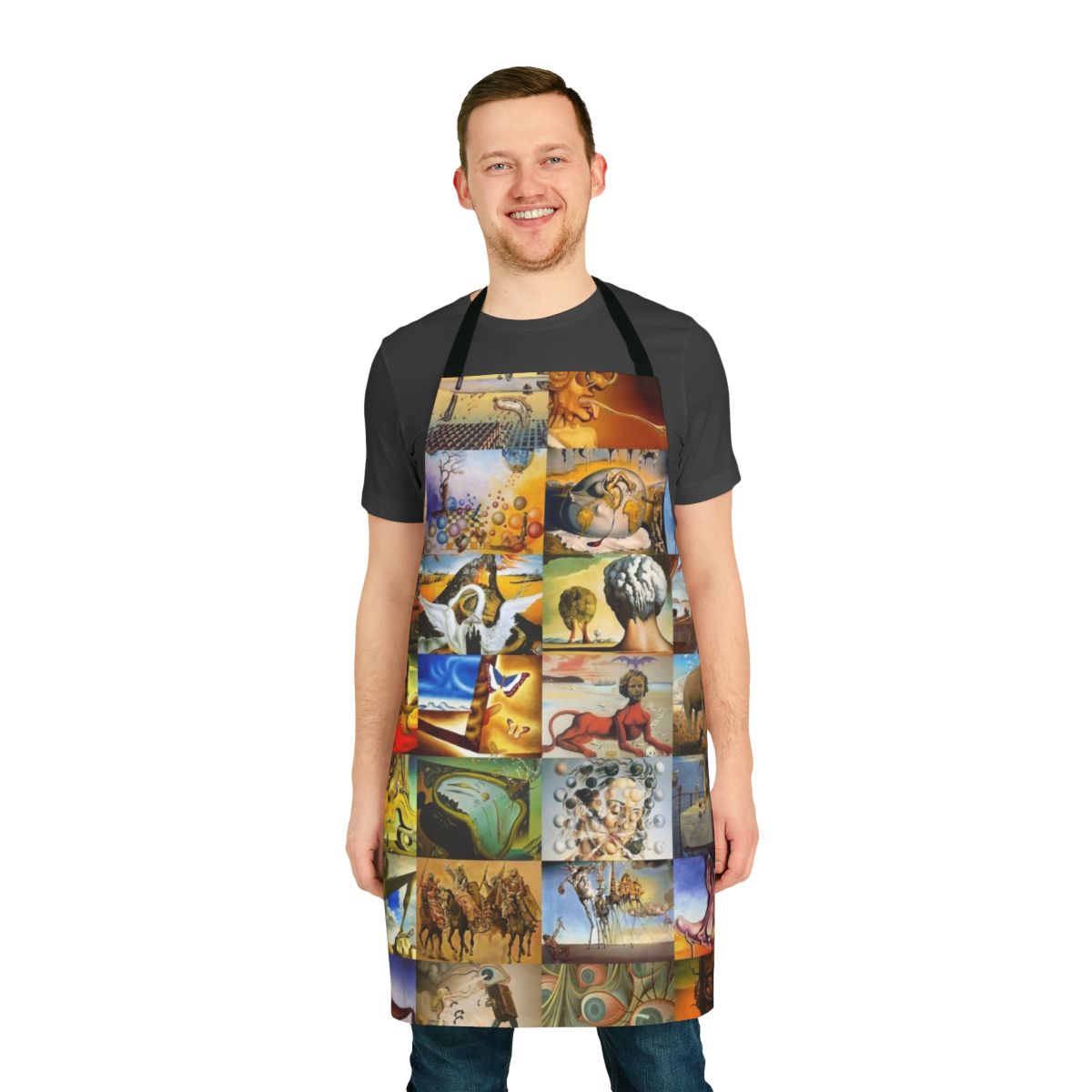 Salvador Dali inspired apron featuring the iconic melting clocks and surrealist imagery
