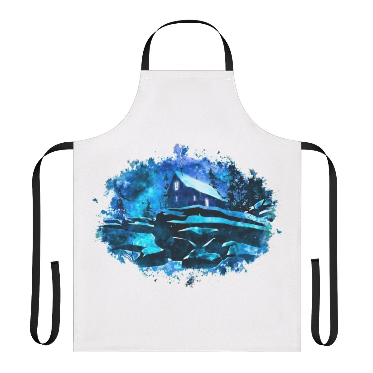 Watercolor painting of a wolf in the snow on a long dark apron
