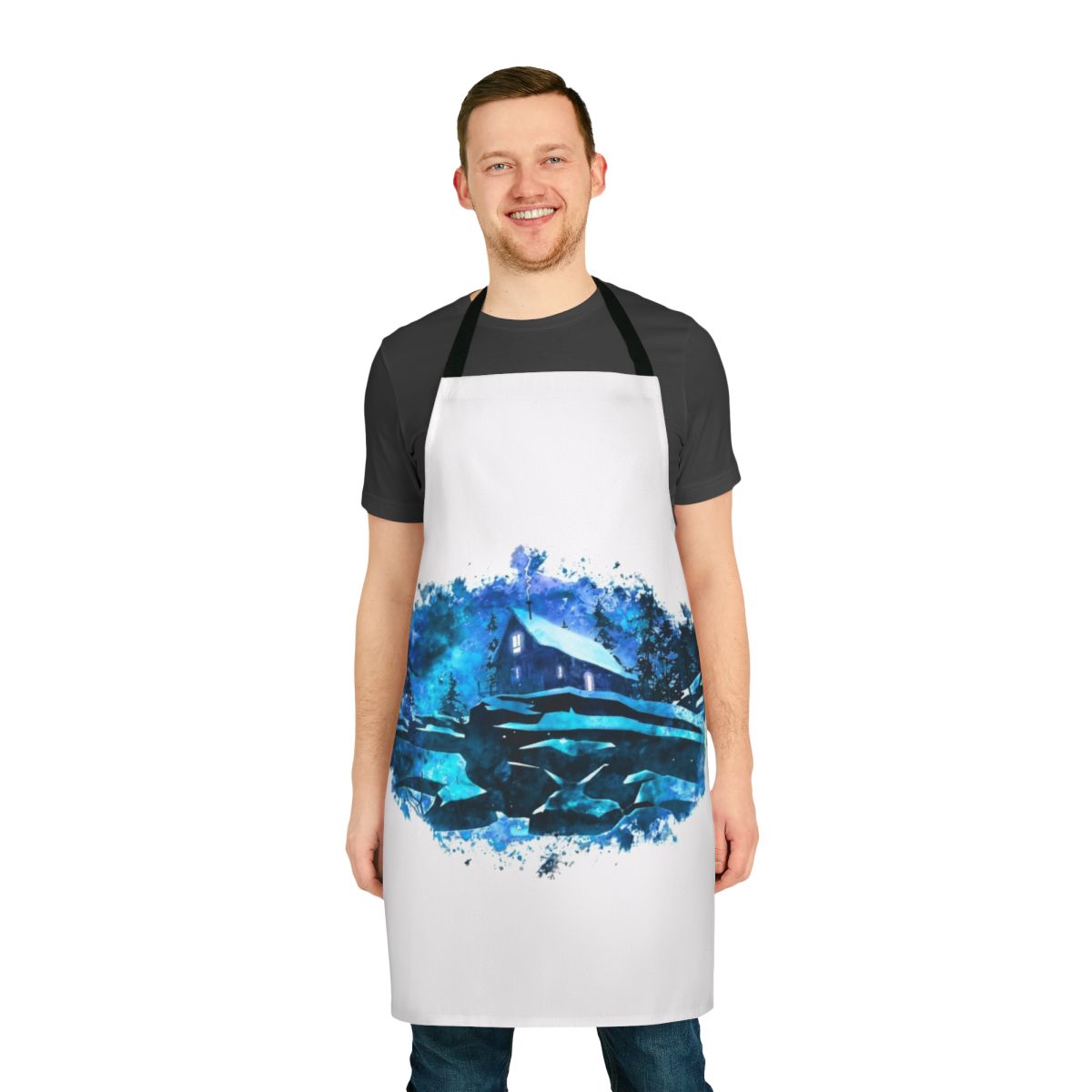 Watercolor painting of a wolf in the snow on a long dark apron