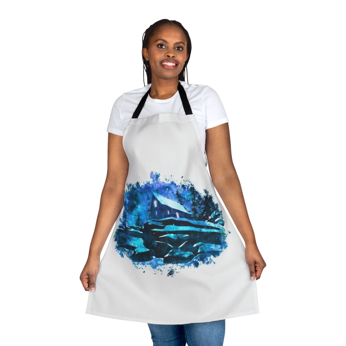 Watercolor painting of a wolf in the snow on a long dark apron