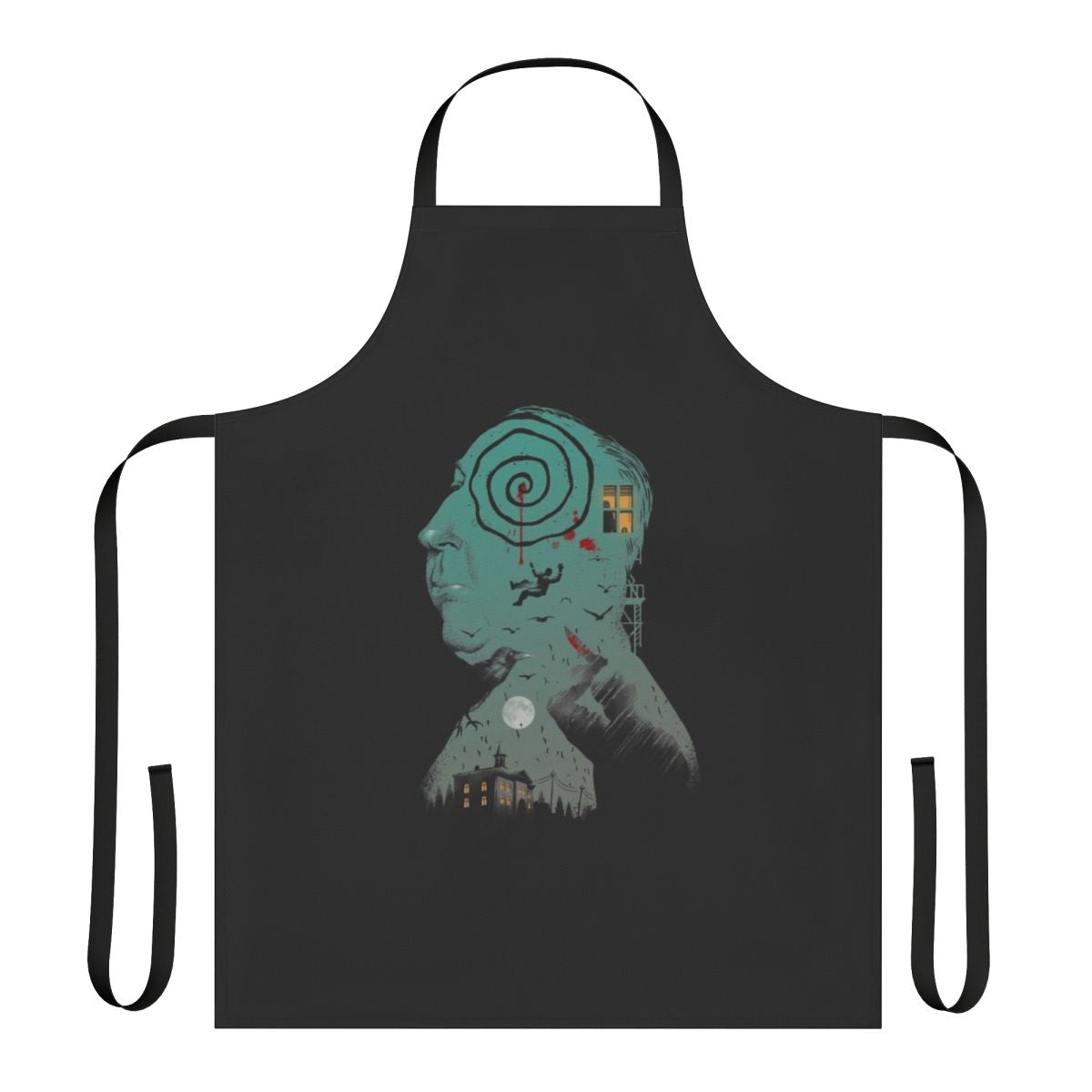 Alfred Hitchcock inspired apron with a suspenseful design