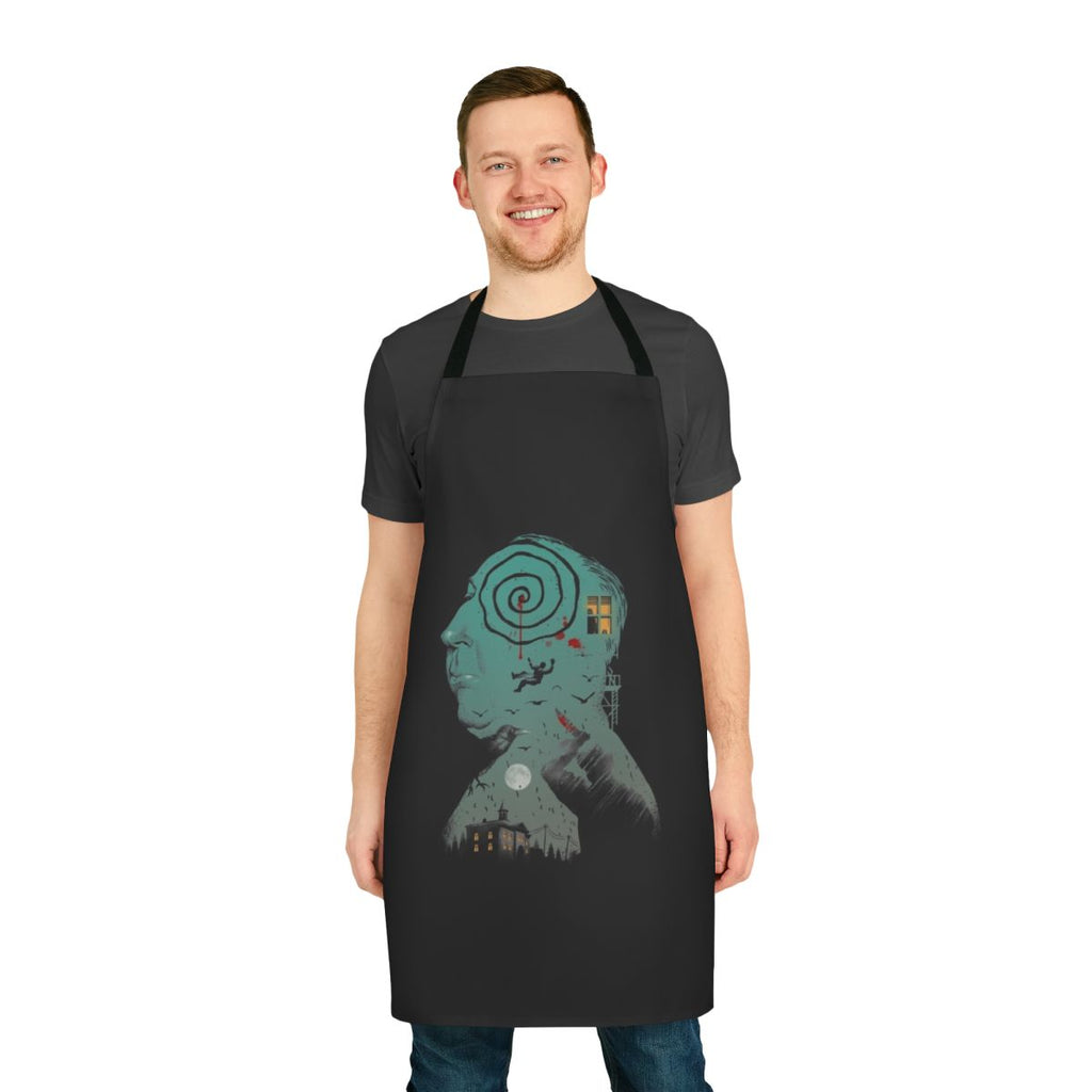 Alfred Hitchcock inspired apron with a suspenseful design