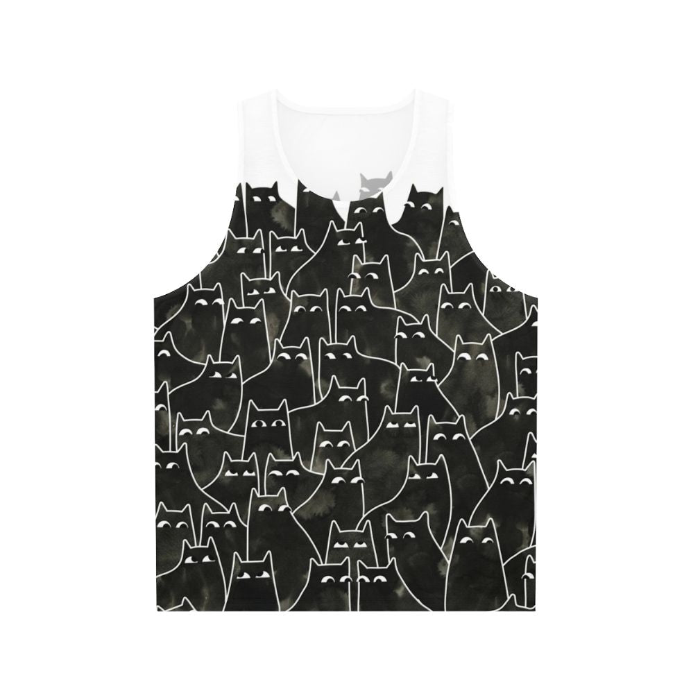 Suspicious cats watercolor pattern on a unisex tank top