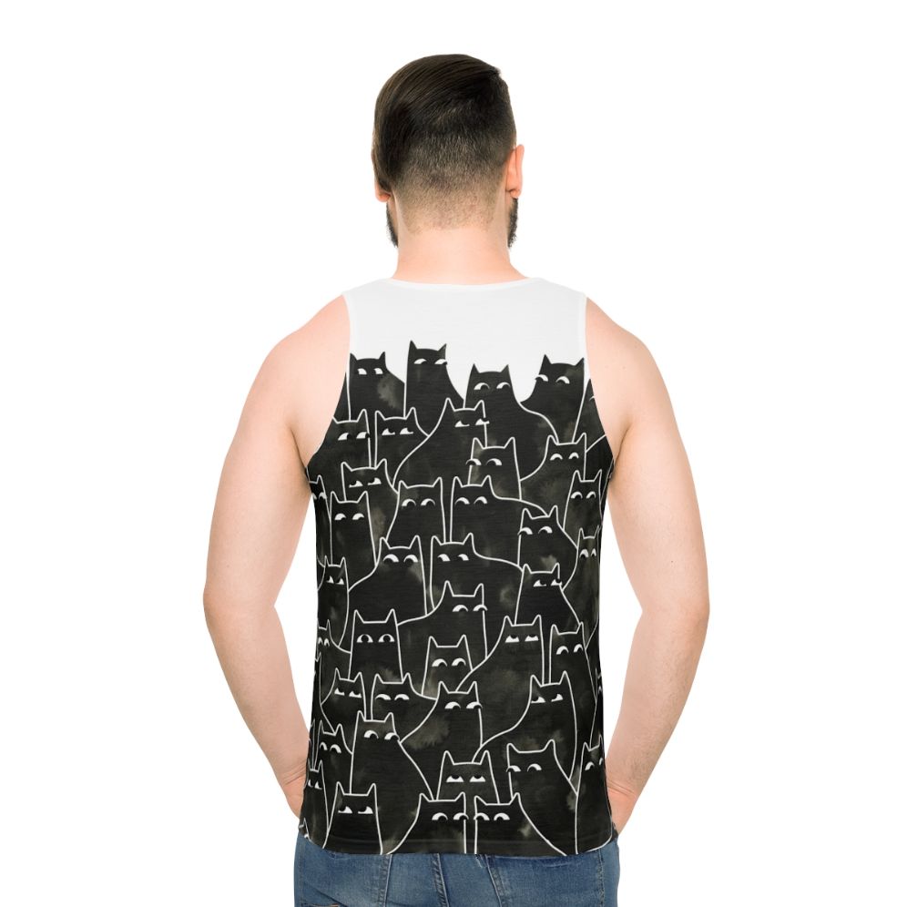 Suspicious cats watercolor pattern on a unisex tank top