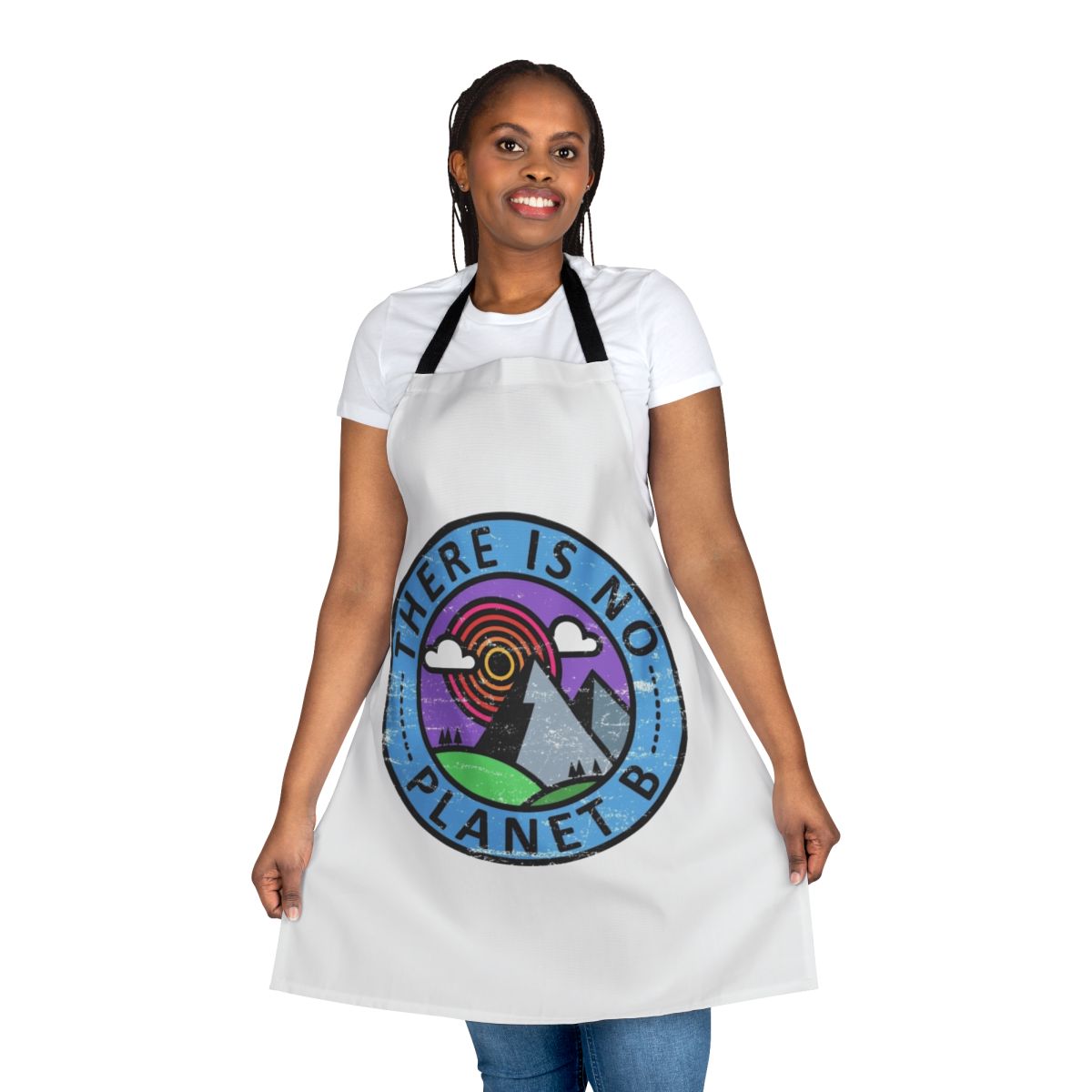 Eco-friendly apron with environmental awareness message: "There Is No Planet B"