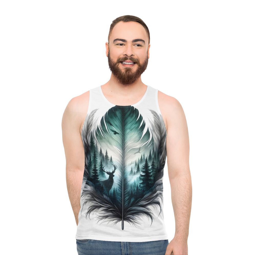 Unisex forest feather tank top with nature inspired design